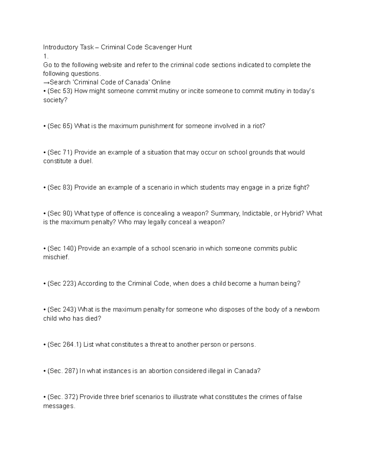 Law scavenger hunt Introductory Task Criminal Code Scavenger Hunt 1