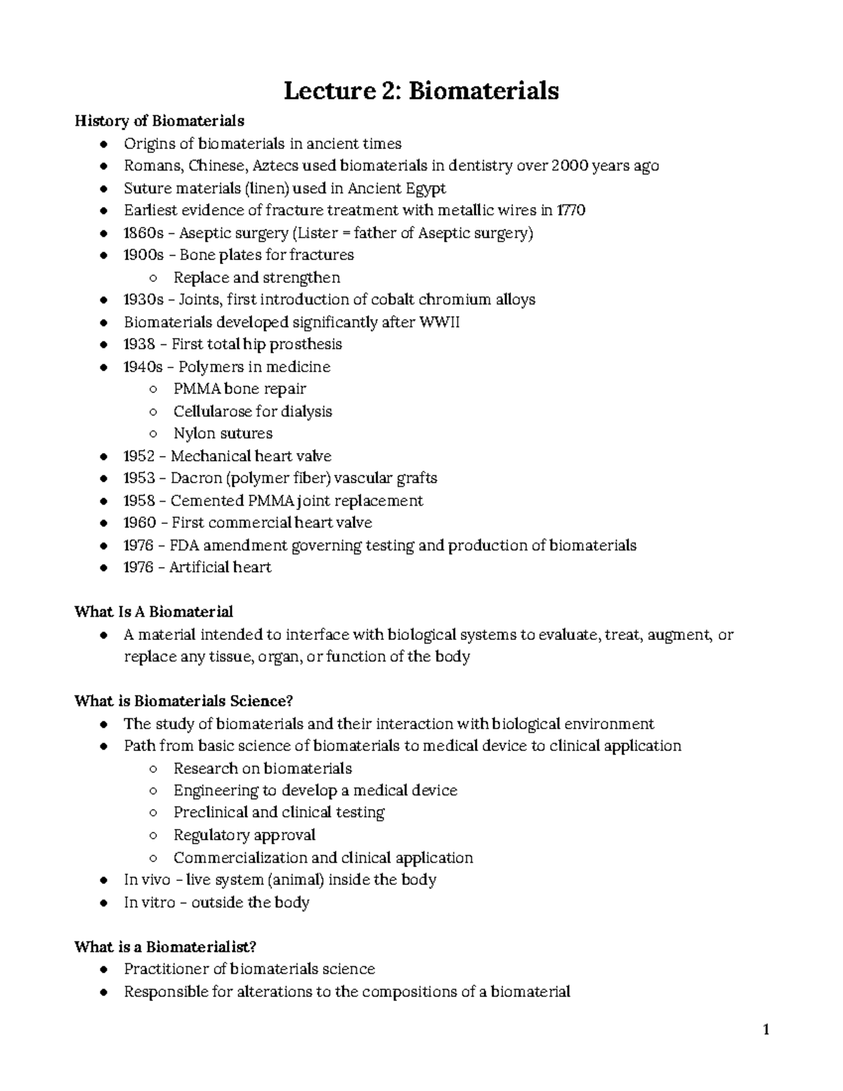 Test 1 Lectures Lecture 2 Biomaterials History of Biomaterials