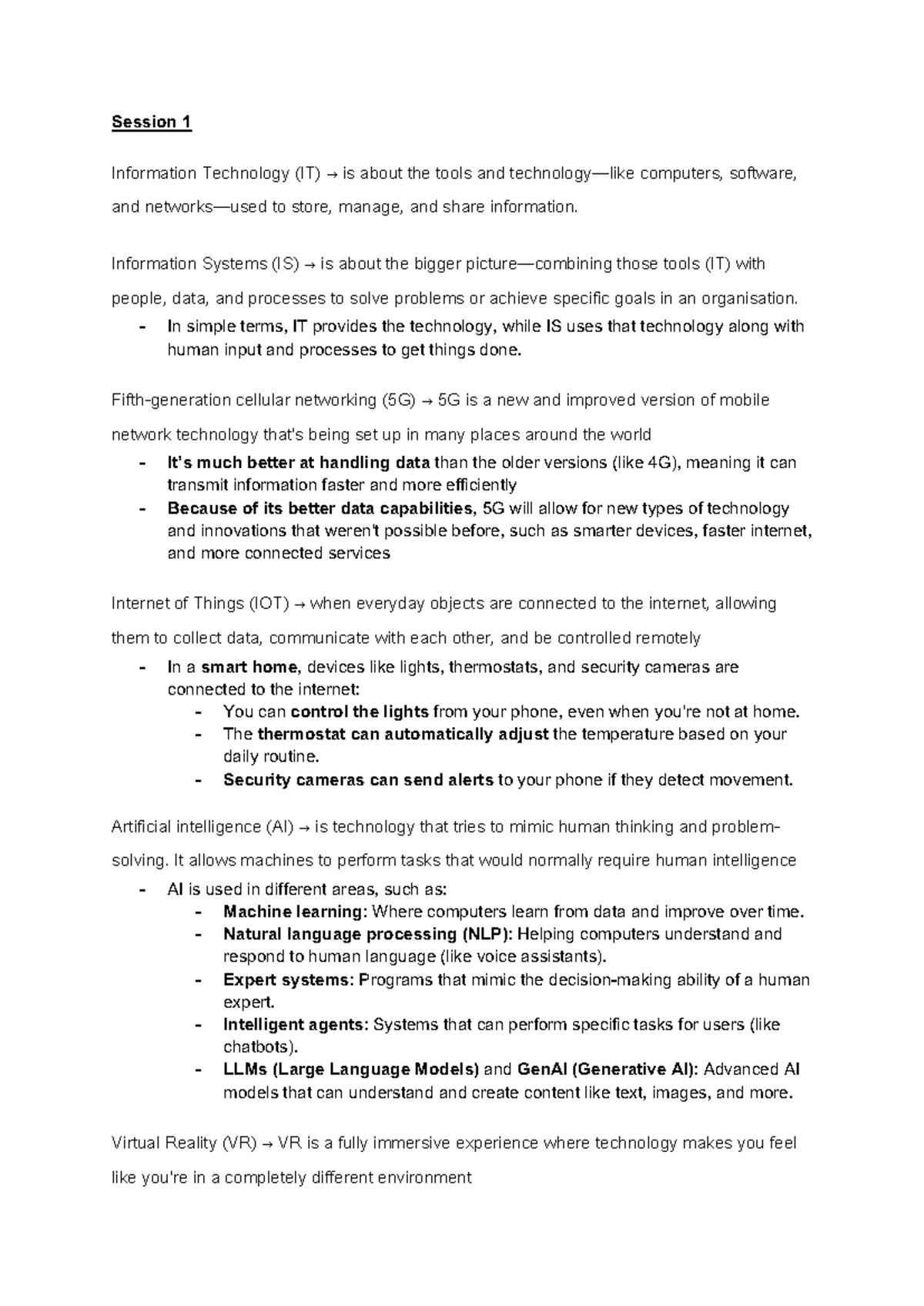Updated Session 1-9 notes - Session 1 Information Technology (IT) → is ...
