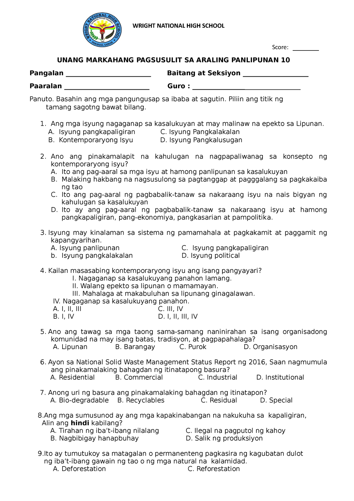 AP 10 EXAM - Examination - Score: ________ UNANG MARKAHANG PAGSUSULIT SA ARALING PANLIPUNAN 10 ...