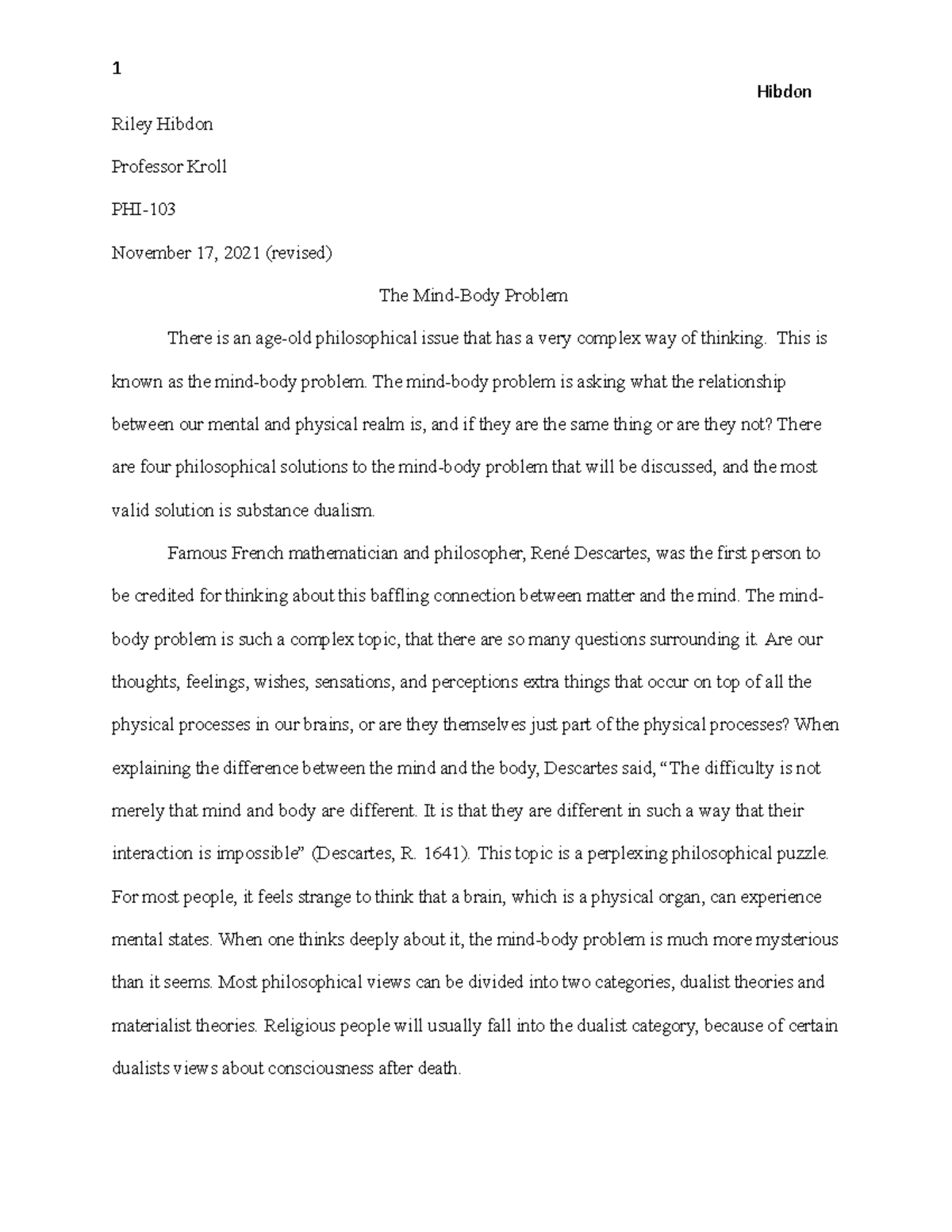 the mind body problem essay