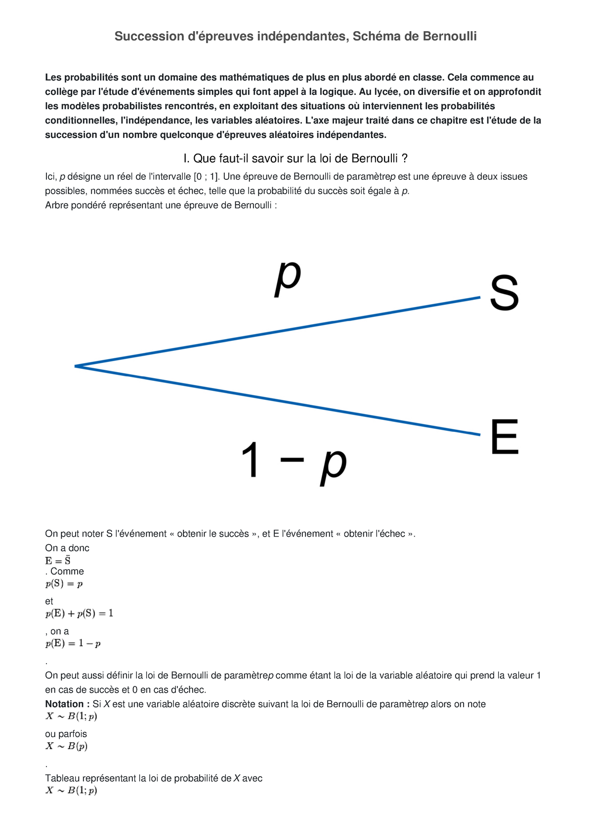 Mathematiques Succession D Epreuves Independantes Schema De Bernoulli Les Probabilites Sont Un Studocu