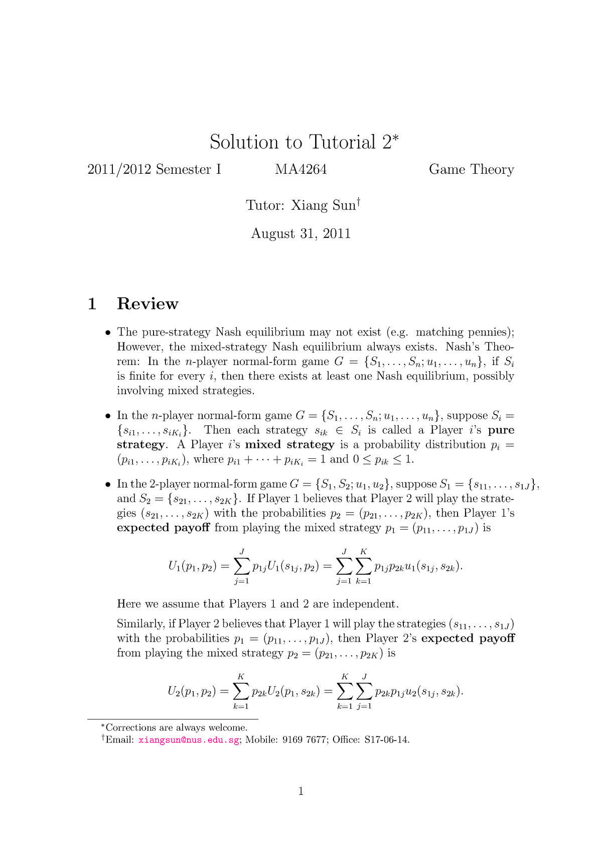 MA4264-Tut2sol-1 - Solution To Tutorial 2 ∗ 2011/2012 Semester I MA4264 ...