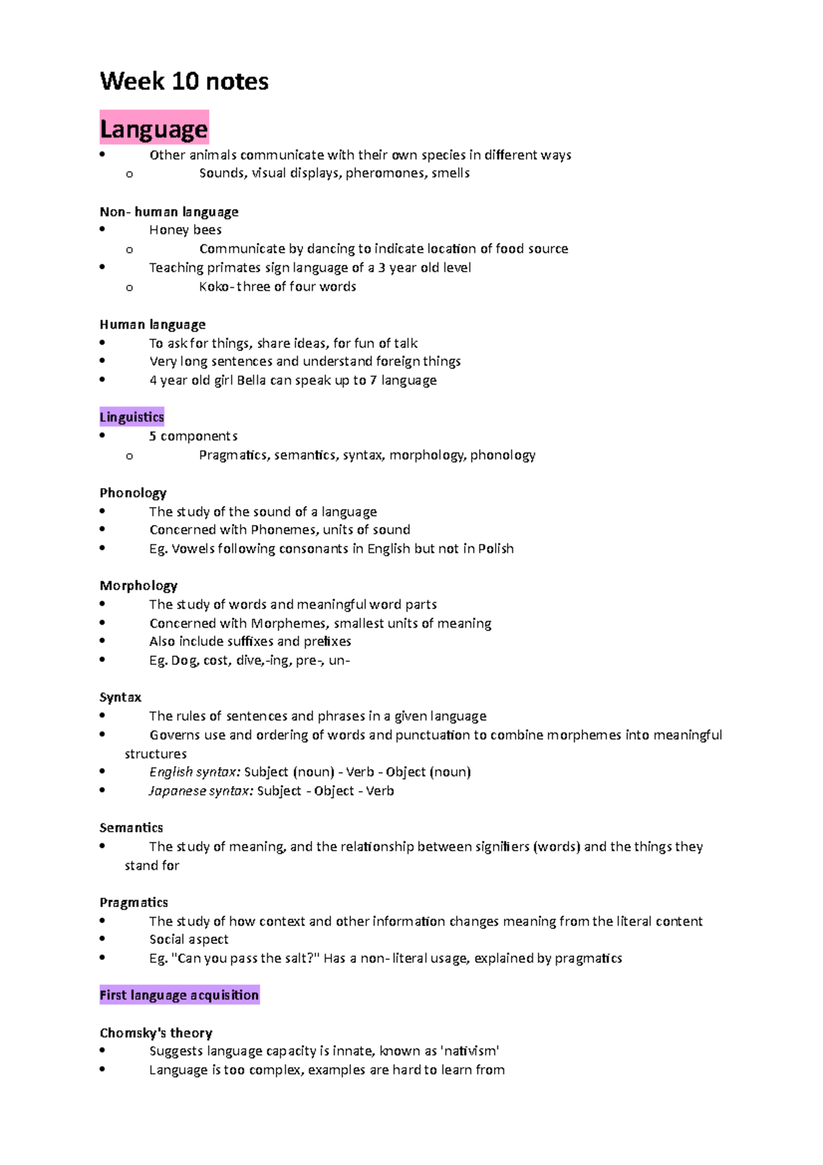 Psych A Week 10 - Lecture notes 10 - Week 10 notes Language Other ...