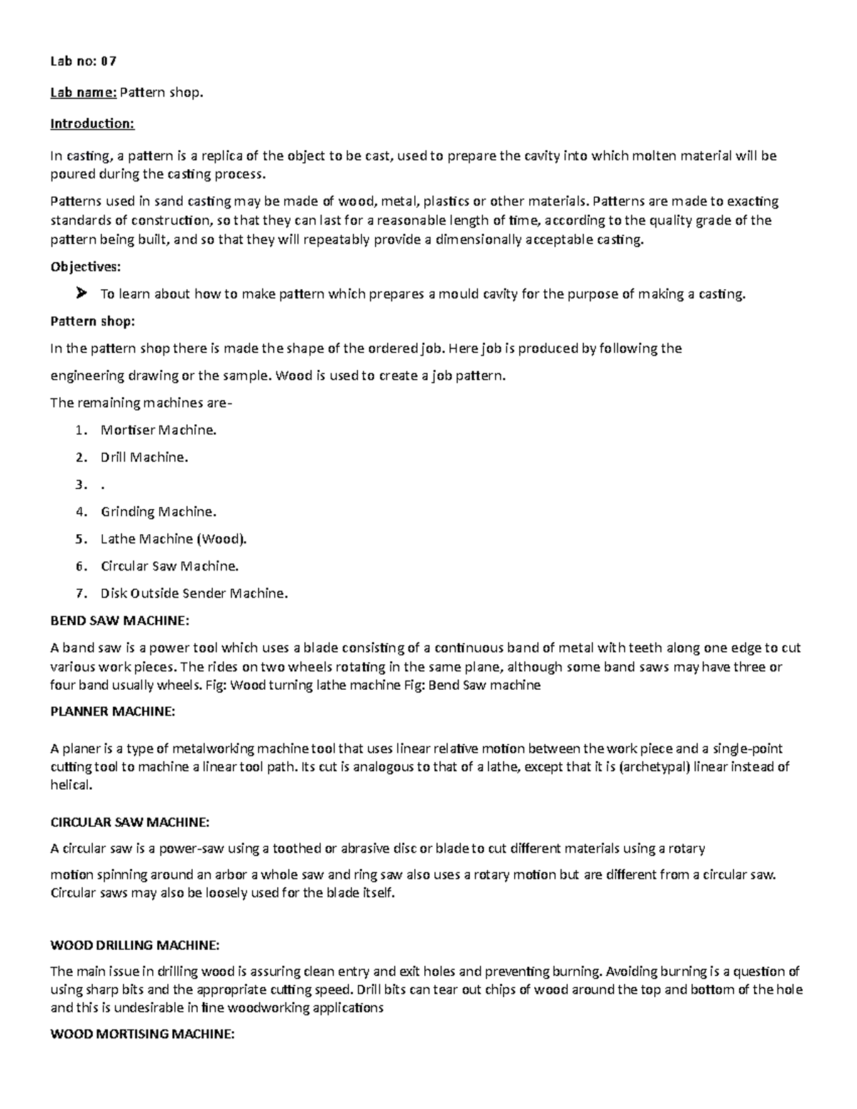 Pattern,foundry and heat treatment - Lab no: 07 Lab name: Pattern shop ...