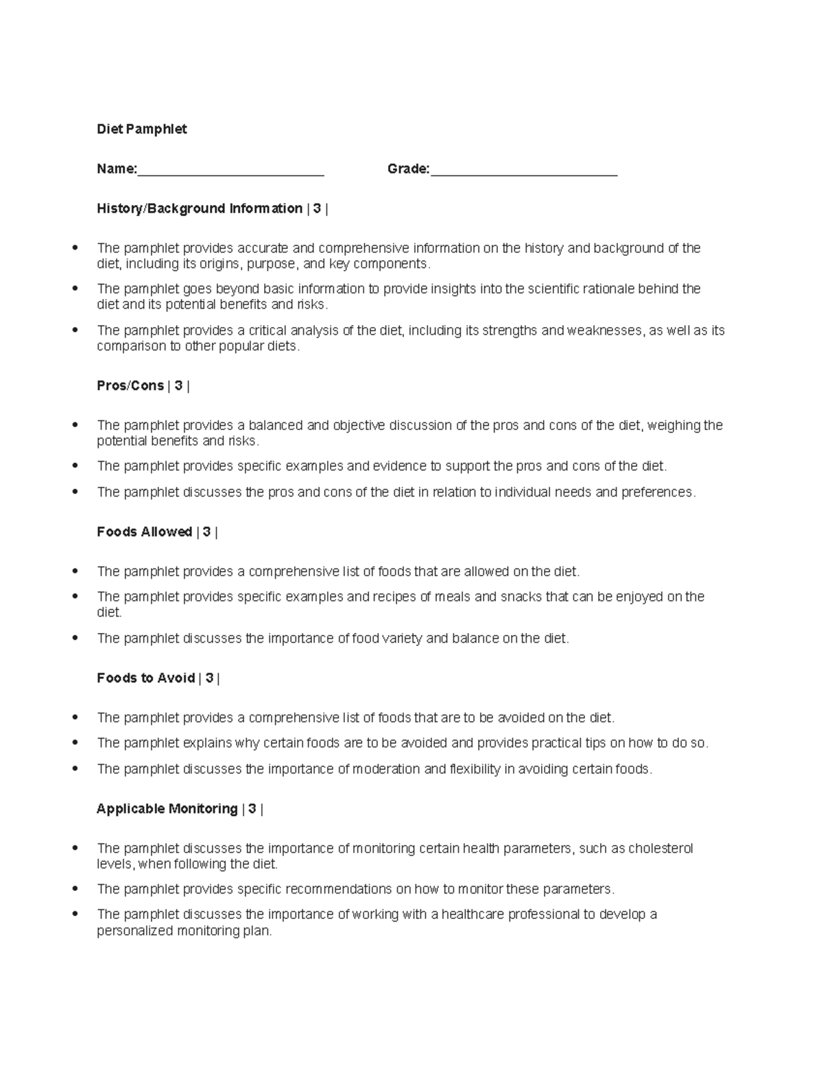 Diet Pamphlet Rubric Diet Pamphlet Name