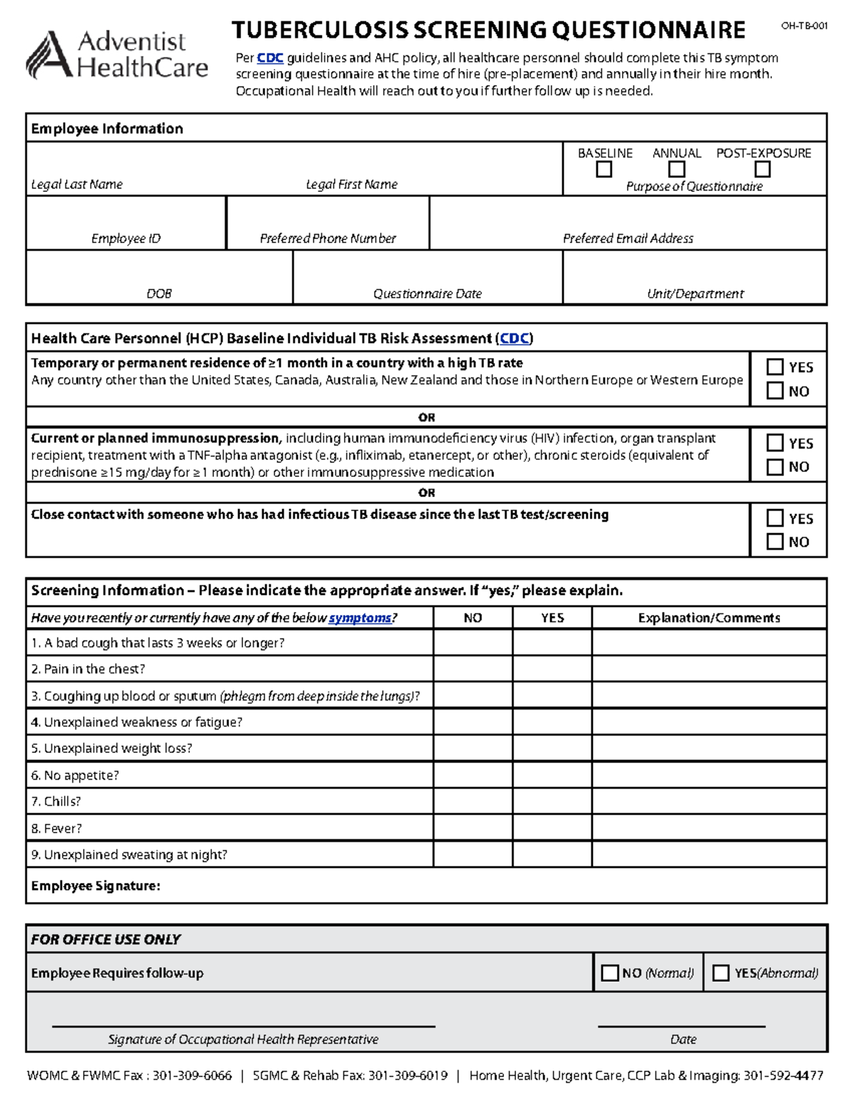 Adventist wo tb test TUBERCULOSIS SCREENING QUESTIONNAIRE Per CDC