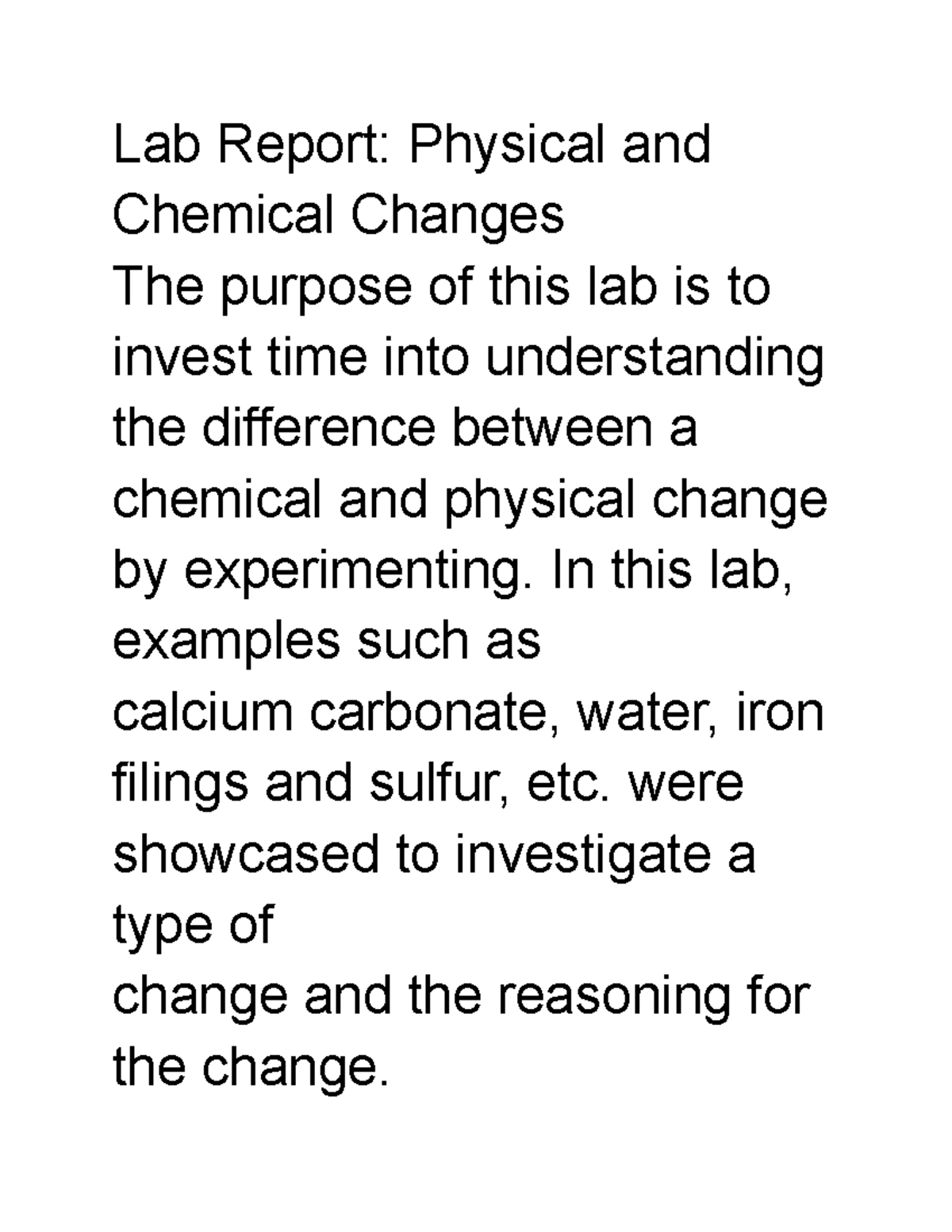 Lab Physical and Chemical Changes - Lab Report: Physical and Chemical ...