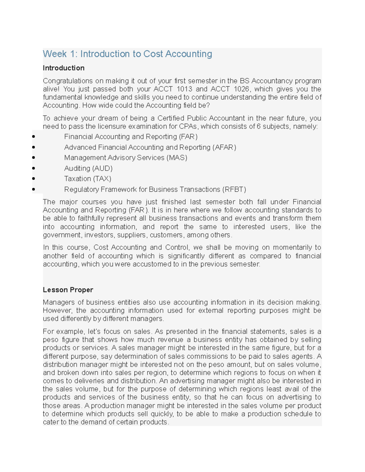 COST 16 Lecture notes 16 Week 1 Introduction to Cost Accounting