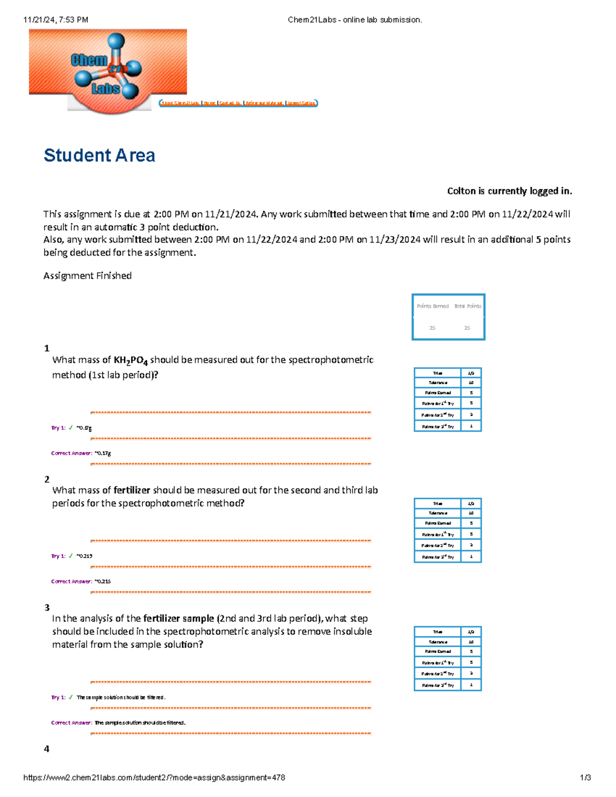 Chem21Labs - online lab submission - Points Earned Total Points 25 25 ...