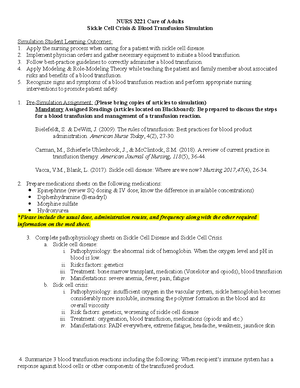 Blood Transfusion Pre-lab assignment - NURS 3221 Care of Adults Sickle ...
