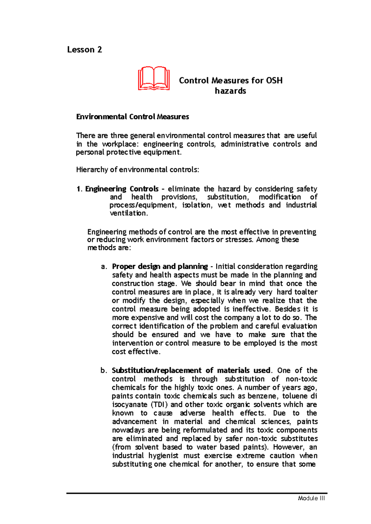 Lesson2 Lesson Lesson 2 Control Measures for OSH hazards
