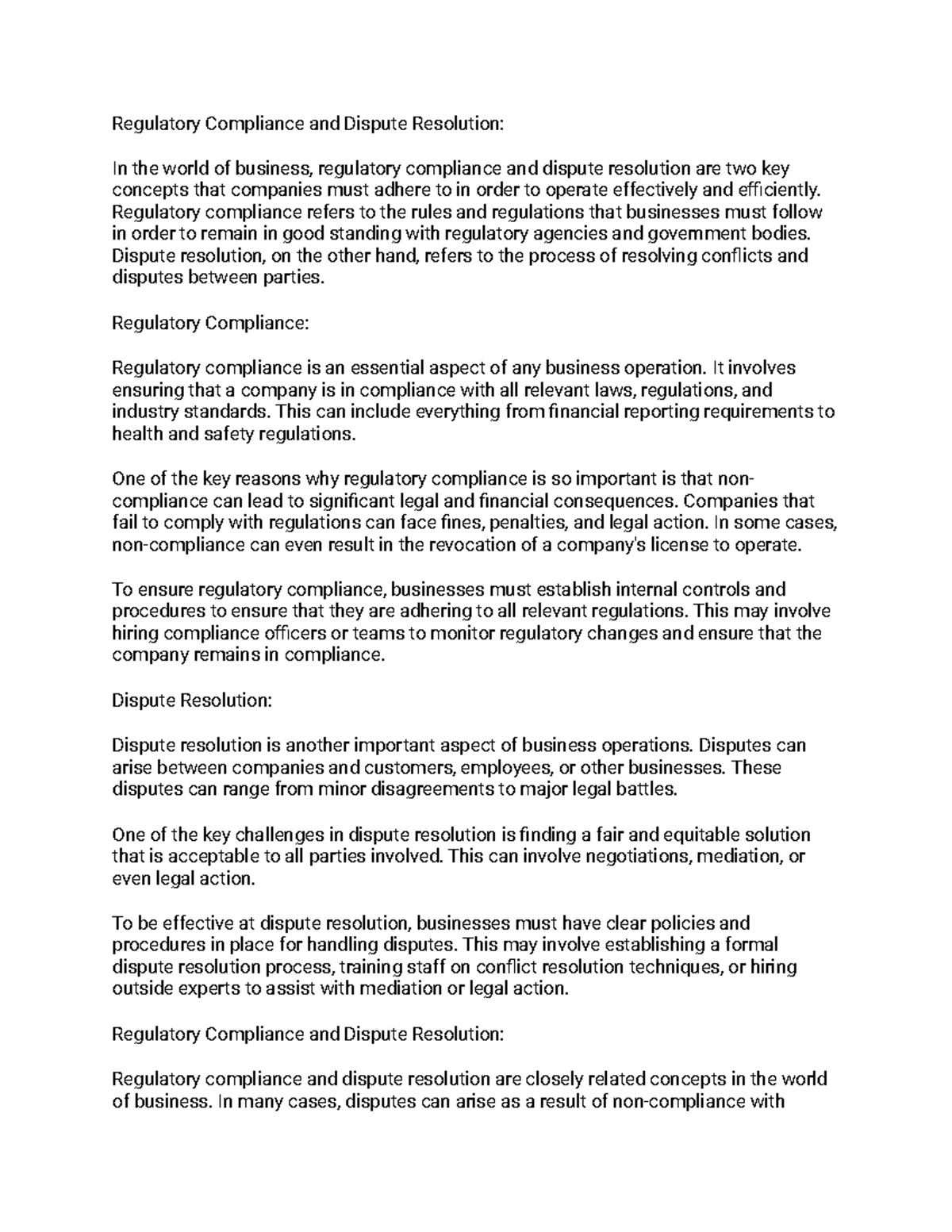 Regulatory Compliance and Dispute Resolution essay - Regulatory ...