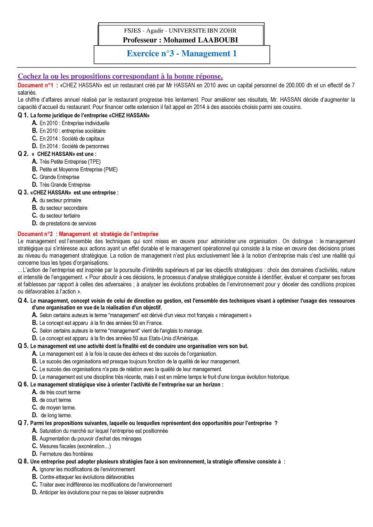 Exercice N°3 - Management 1 - Cochez La Ou Les Propositions ...