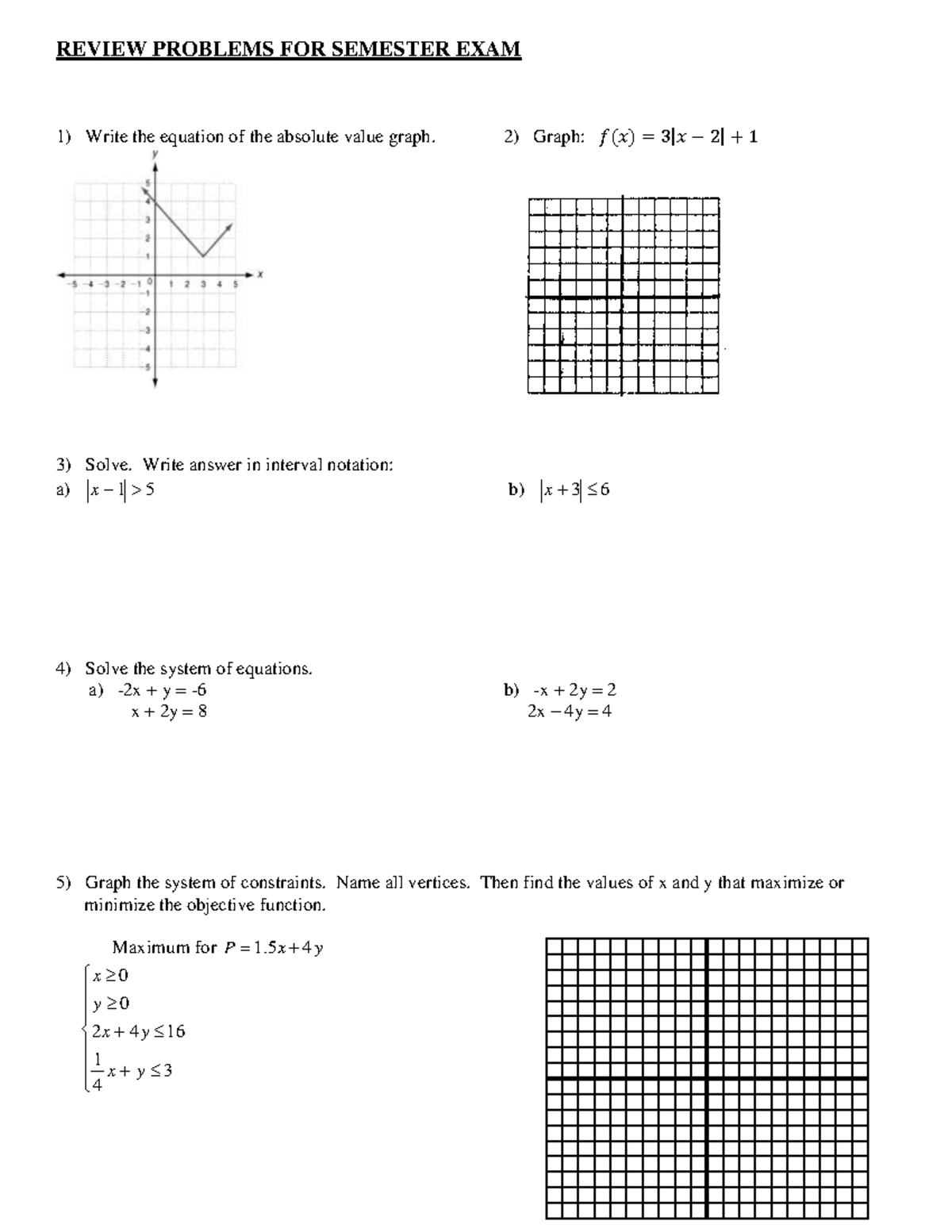 Copy of Midterm Review Algebra 2 Honors #1 - with Calculator section ...