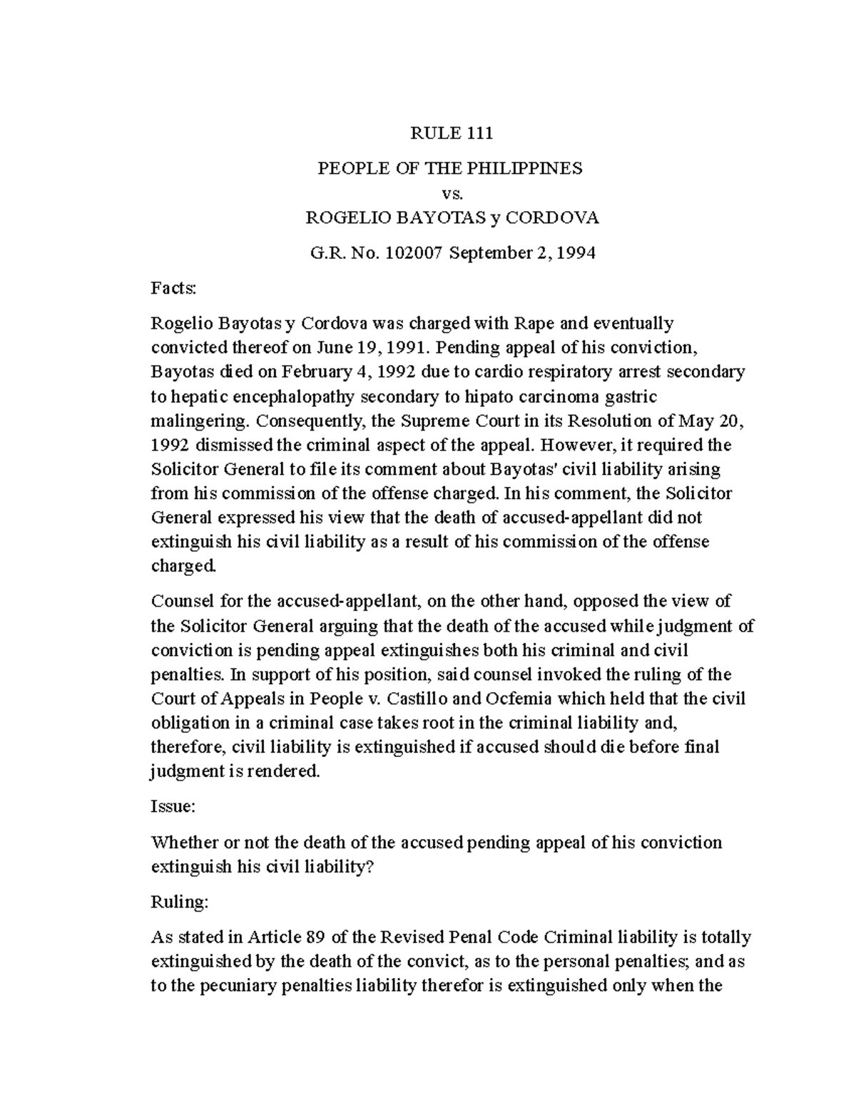 PP v Bayotas Case digest RULE 111 PEOPLE OF THE PHILIPPINES vs. ROGELIO BAYOTAS y CORDOVA G