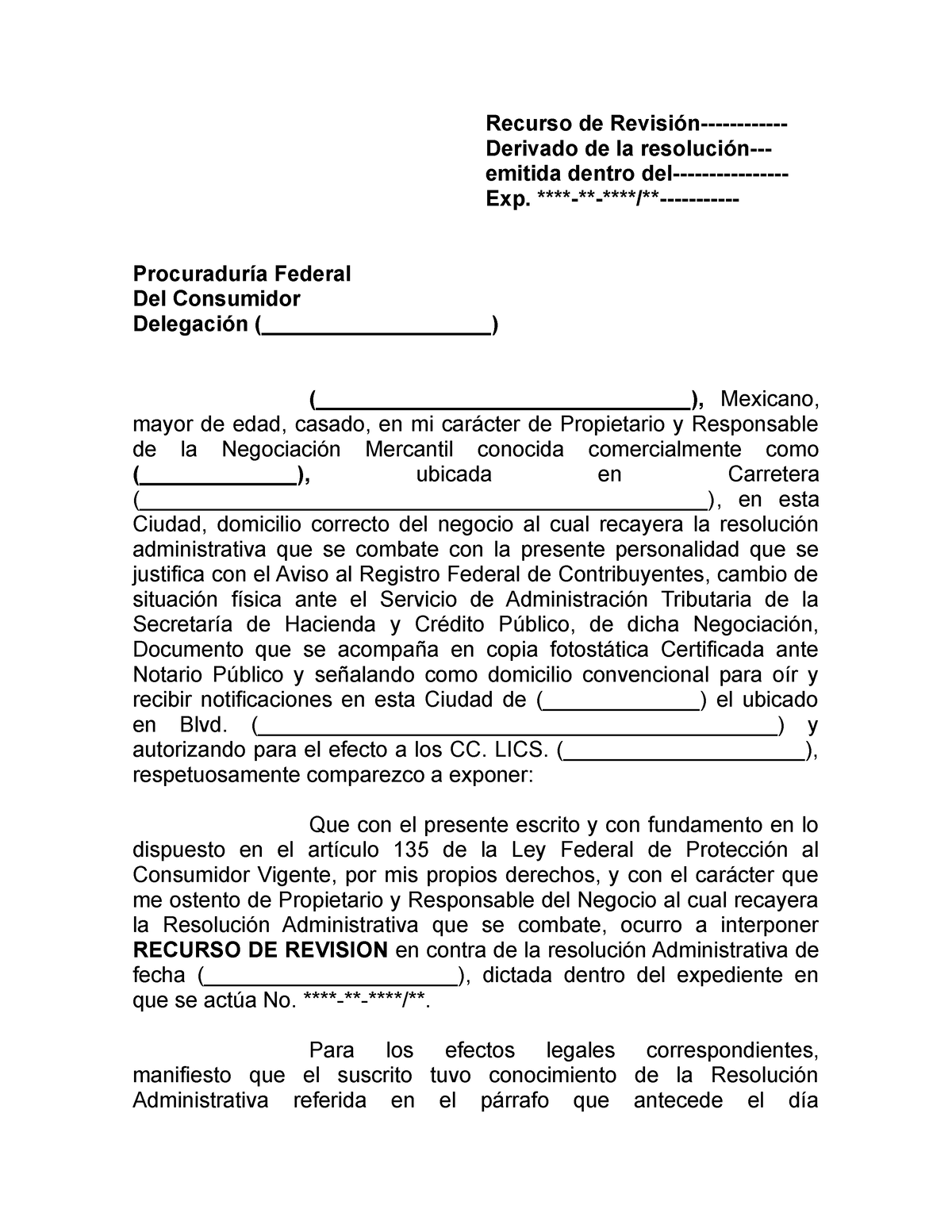 Recurso De Revisión Profeco Recurso De Revisión Derivado De La Resolución Emitida Dentro Del 