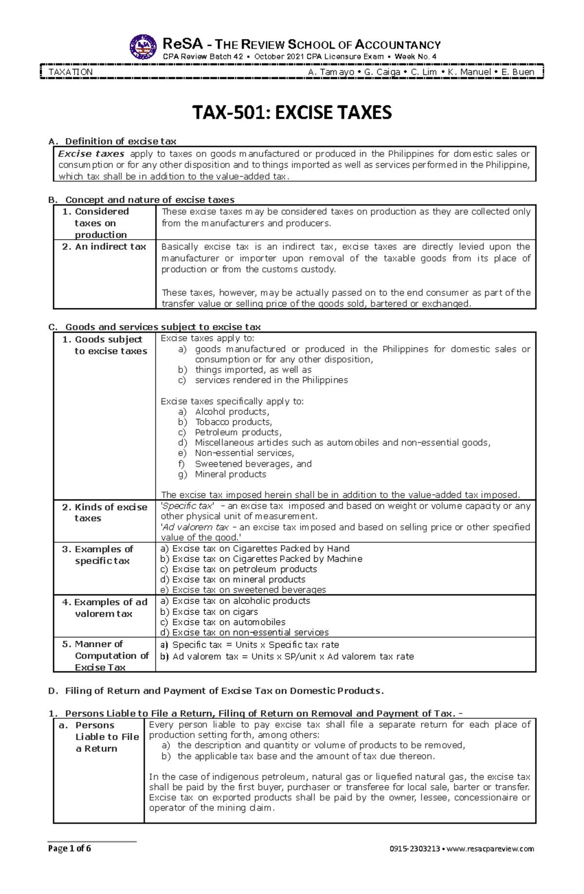 TAX 501 Excise Taxes Tax ReSA THE REVIEW SCHOOL OF ACCOUNTANCY