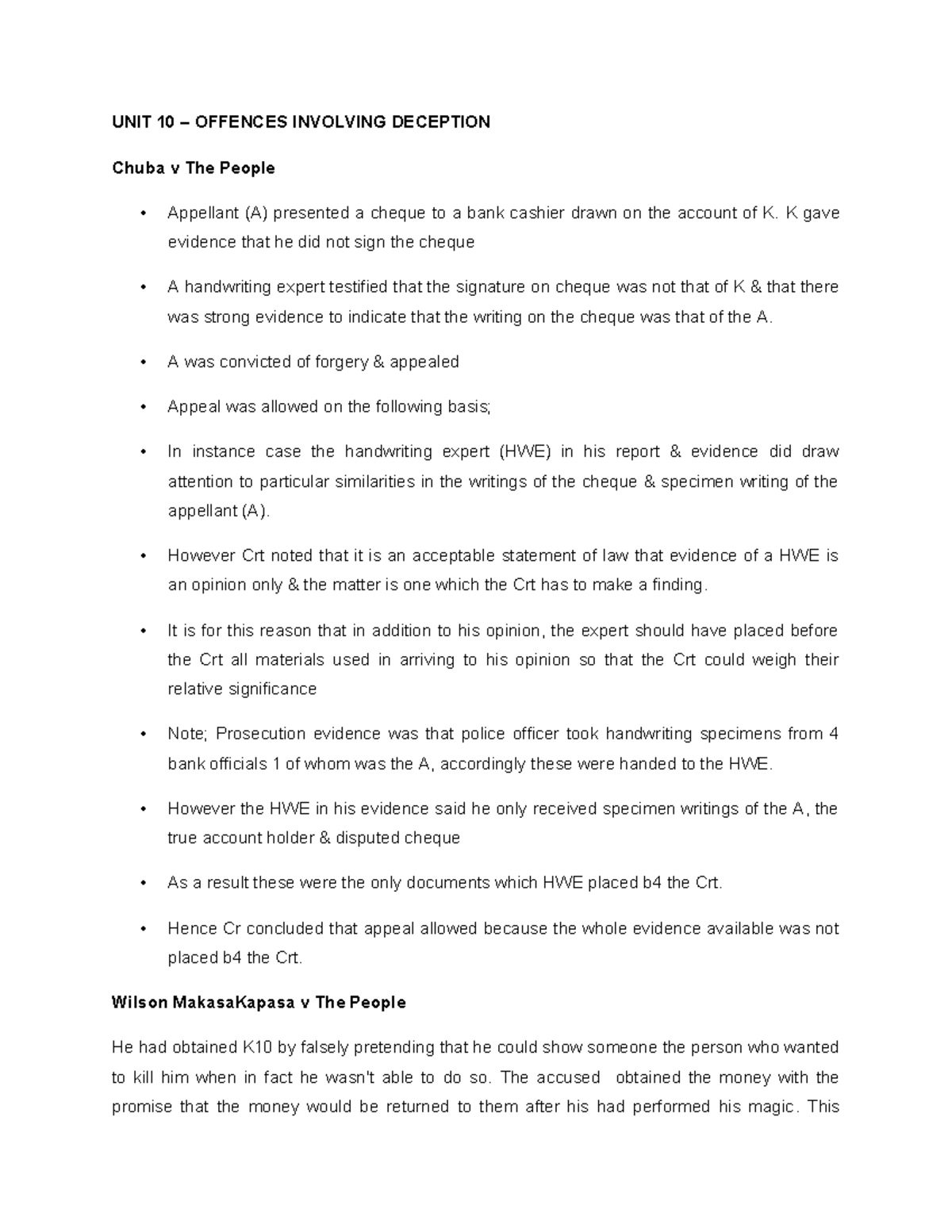 Criminal Law case summaries Ex - UNIT 10 – OFFENCES INVOLVING DECEPTION ...