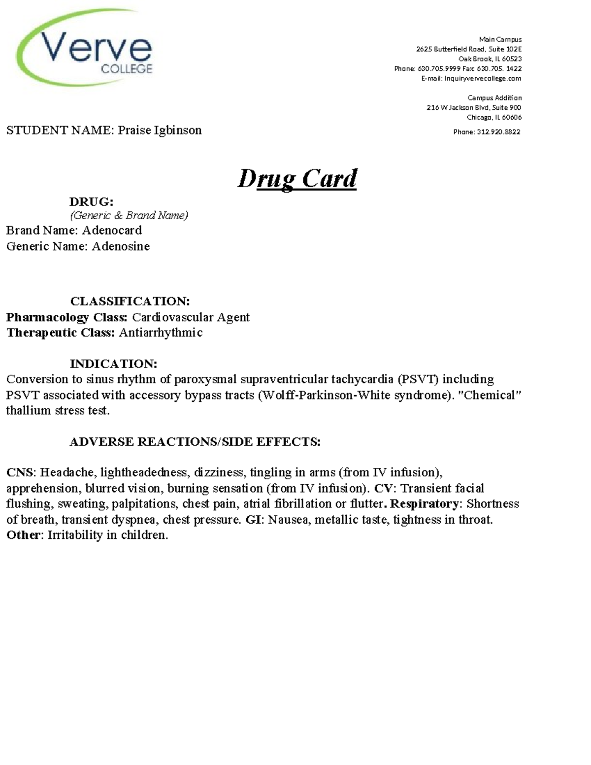 Adenosine drug card - Main Campus 2625 Butterfield Road, Suite 102E Oak ...