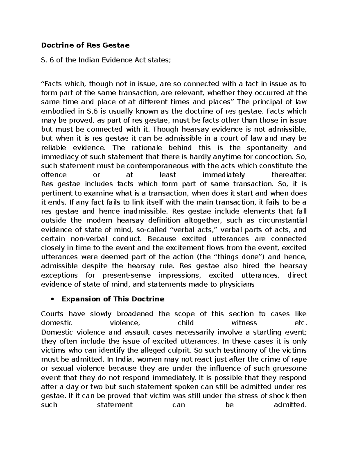 Doctrine of Res Gestae - Law of Evidence - Doctrine of Res Gestae S. 6 ...
