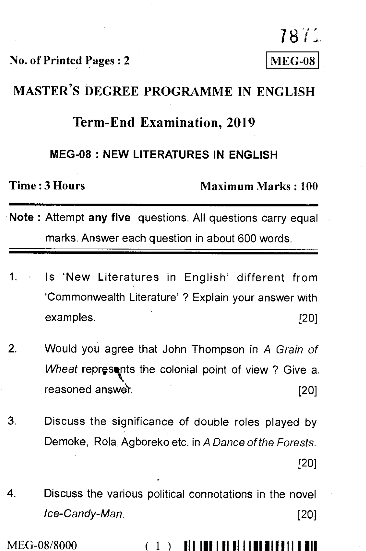 MEG-8 - Question paper - 78 No. of Printed Pages : 2 MEG- MASTER'S ...