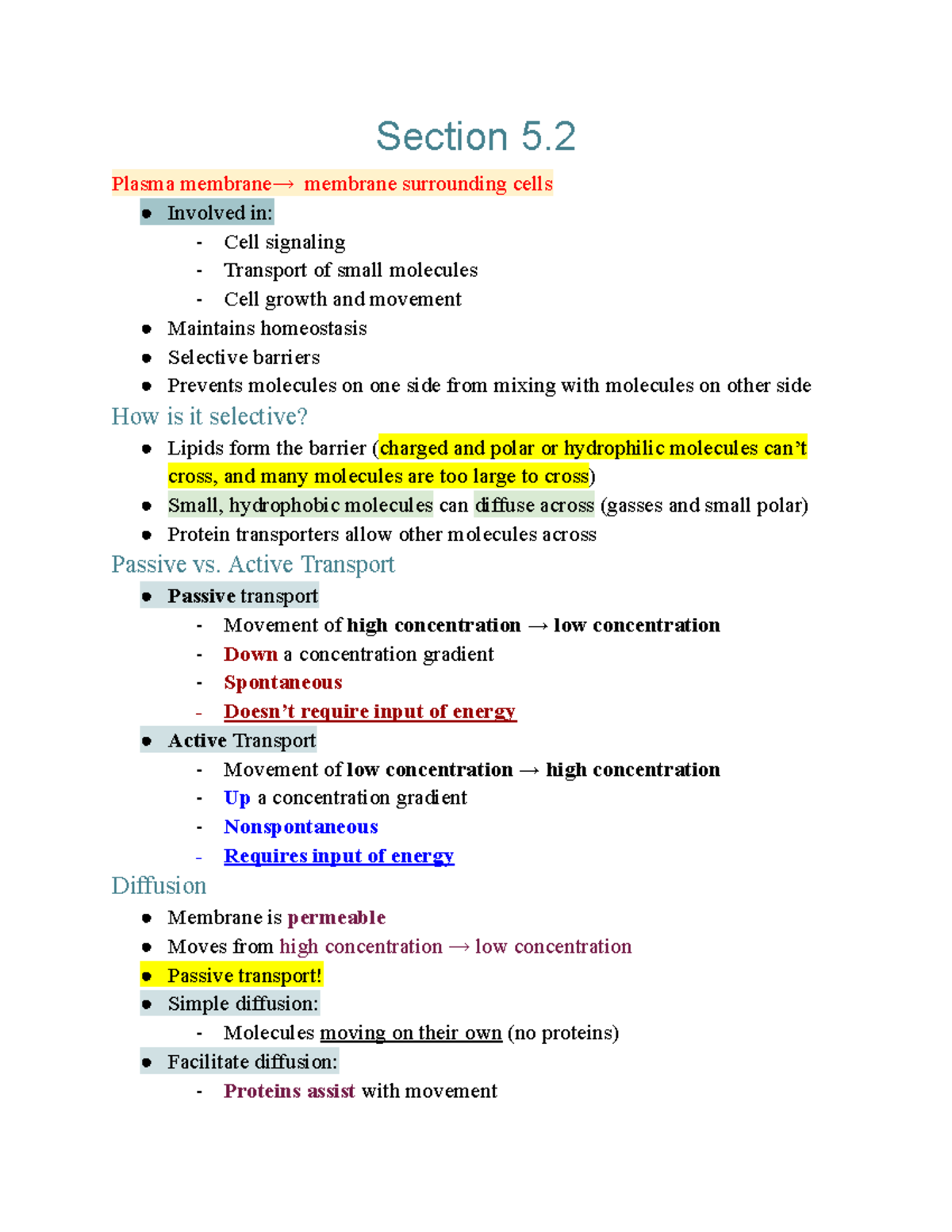 BIO 140 Lecture Notes 5.2 - Section 5. Plasma membrane→ membrane ...