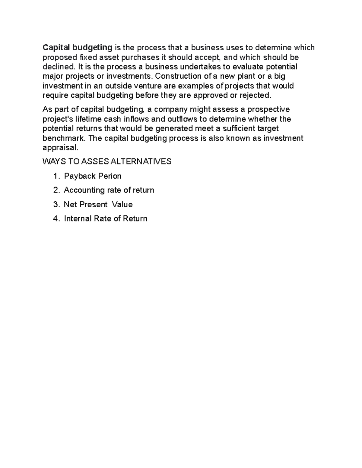 Capital budgeting - It is the process a business undertakes to evaluate ...