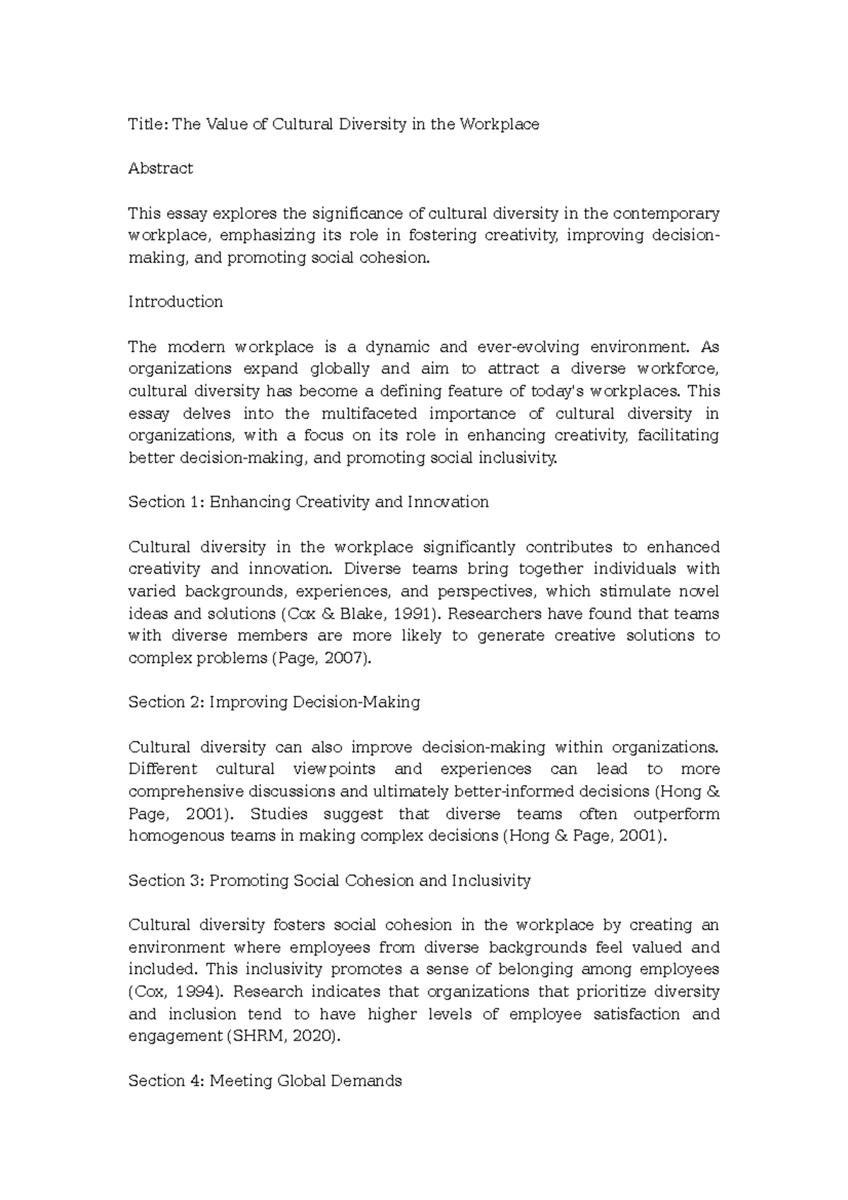 Homework - haha - Title: The Value of Cultural Diversity in the ...