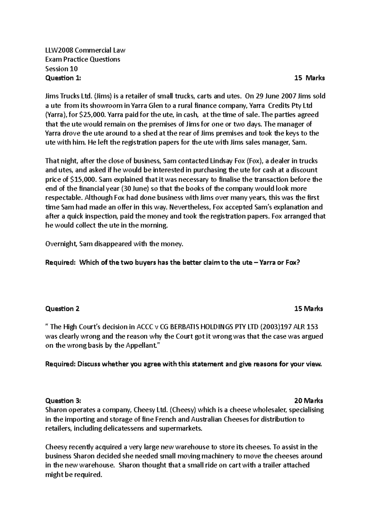 LLW2008 Exam Practice questions LLW2008 Commercial Law Exam Practice