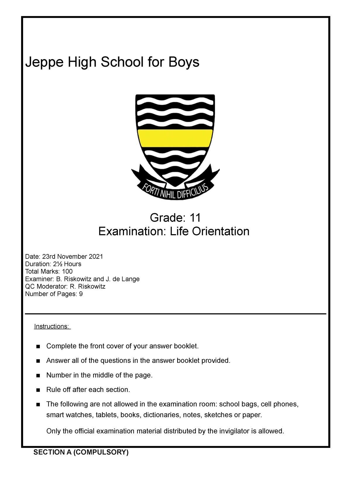 Gr 11 Final Exam 2021 Test Jeppe High School For Boys Grade 11 Examination Life 9409