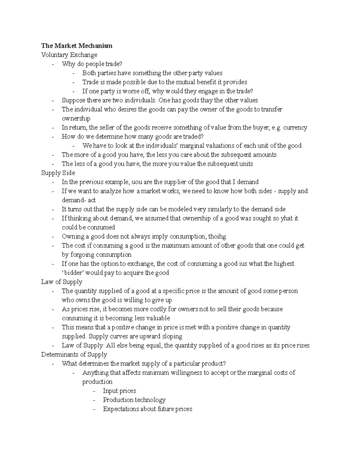 EC 201 Lecture 6 Market Mechanism - The Market Mechanism Voluntary ...