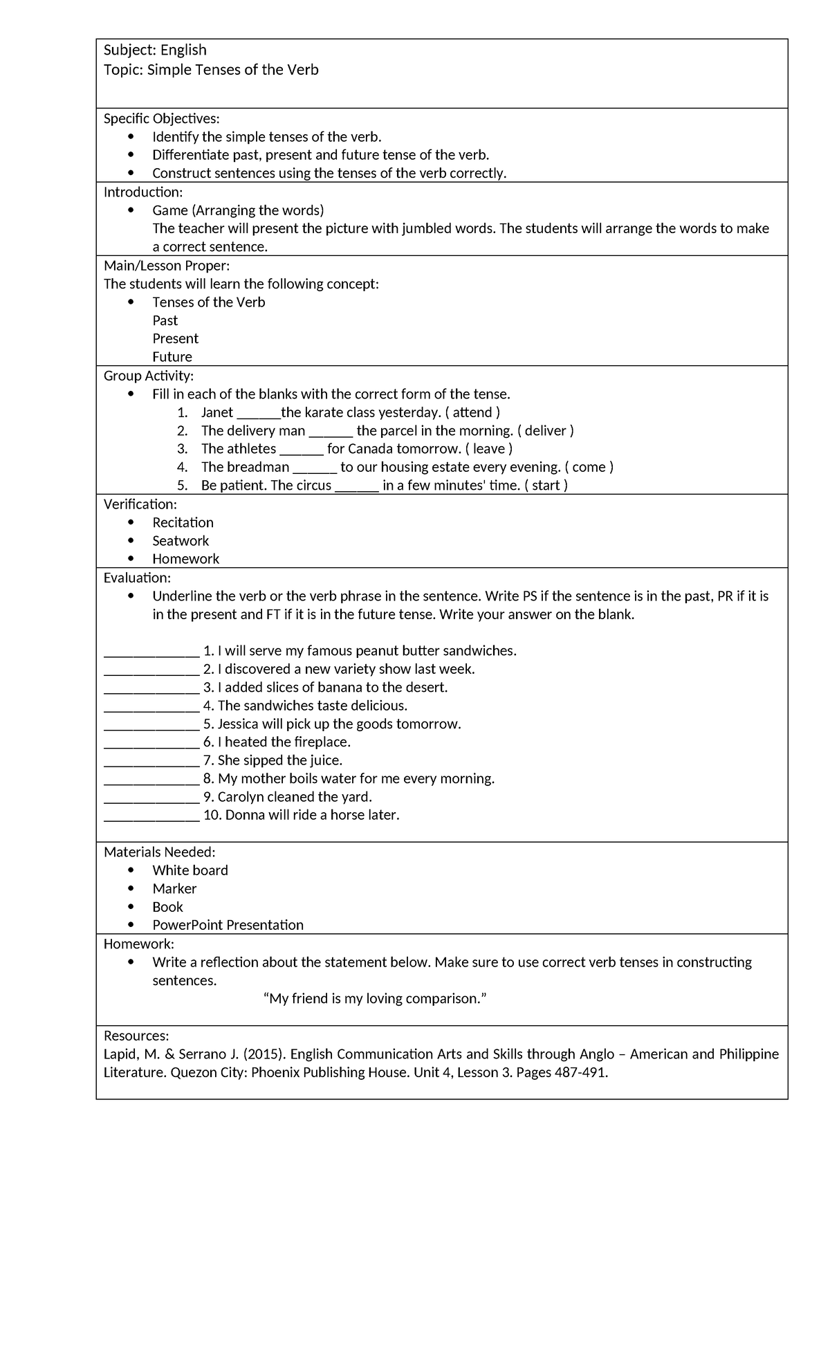 Tenses LP - Lesson plan - Subject: English Topic: Simple Tenses of the ...