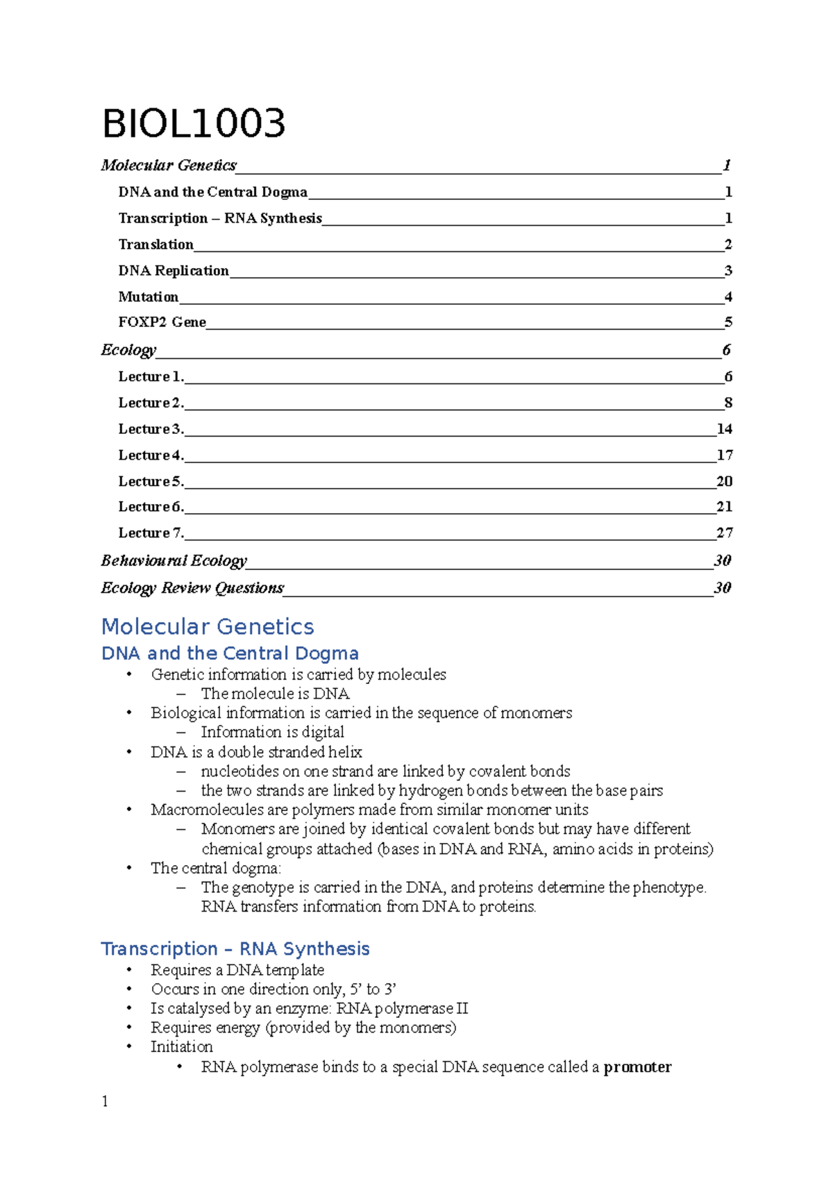 BIOL1003 Detailed Lecture Summaries With Table Of Contents - BIOL ...