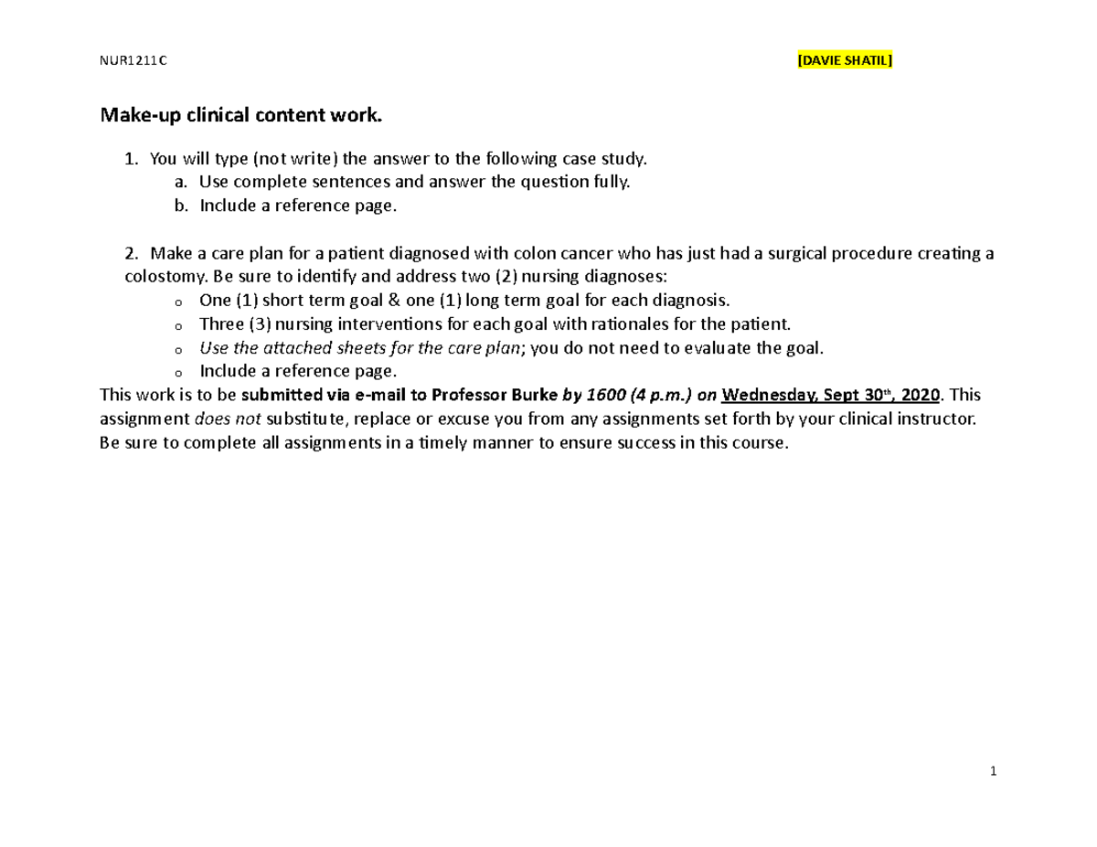 Basic Missed Clinical Assignment - Make-up clinical content work. 1 ...