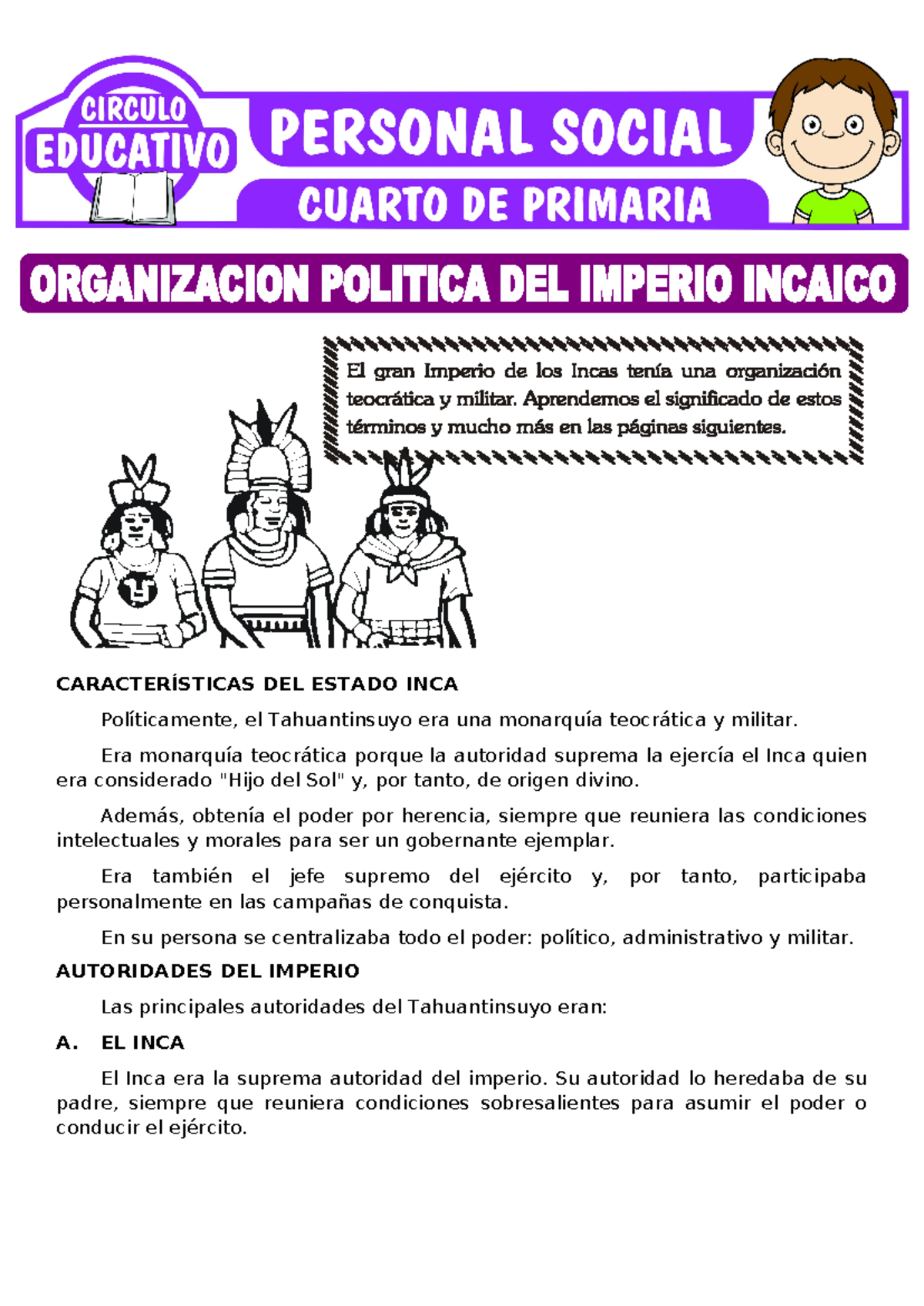 Organizacion Politica Del Imperio Incaico Para Cuarto De Primaria ...