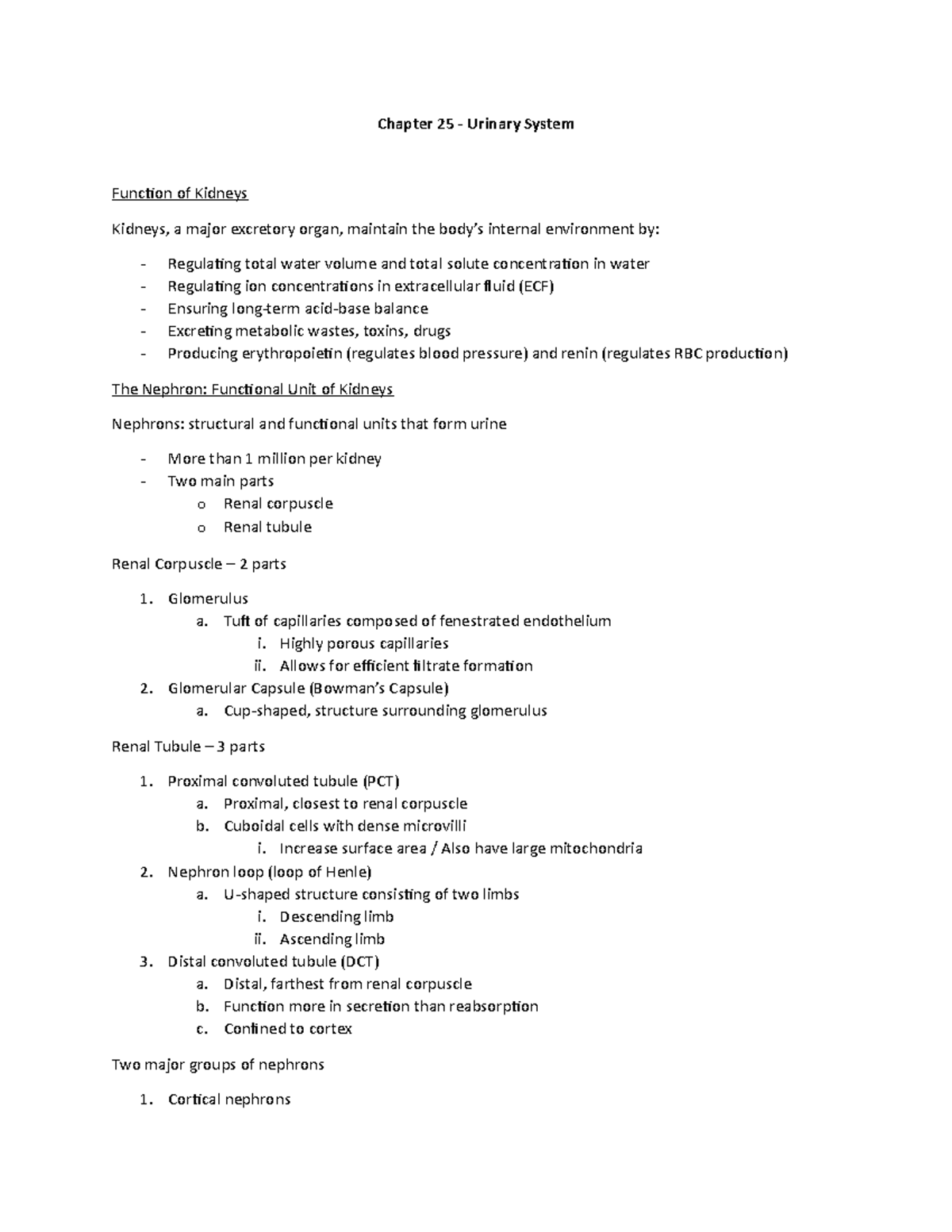 Chapter 25 Urinary System Notes - Chapter 25 - Urinary System Function ...