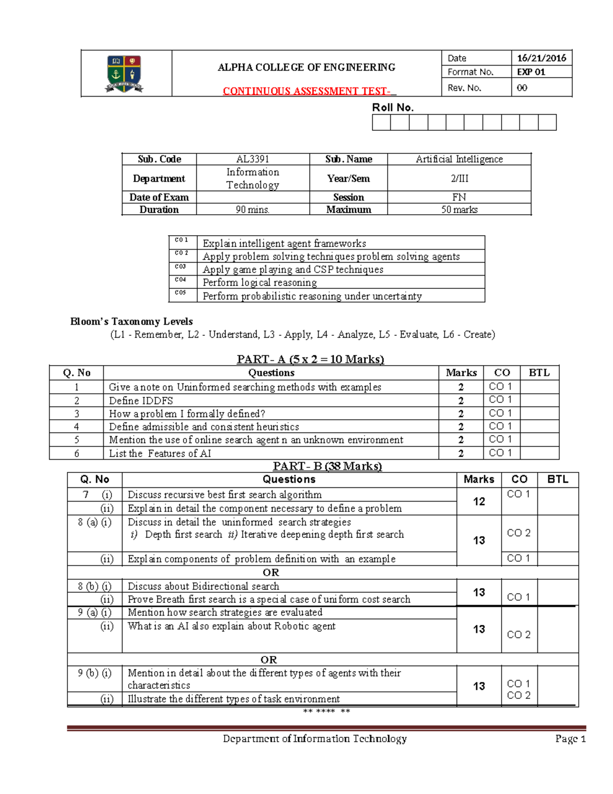 CAT Question Paper Format AL3391 - ALPHA COLLEGE OF ENGINEERING ...