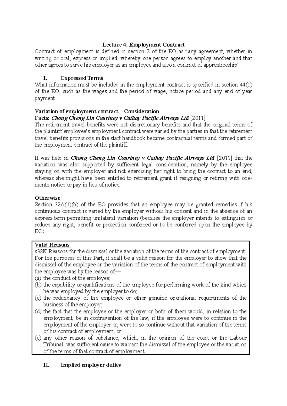 Employment Lecture 4 - Lecture 4: Employment Contract Contract Of ...