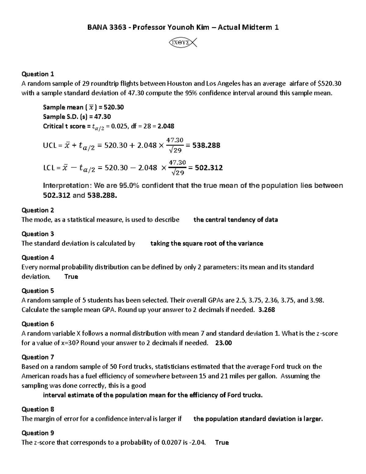 Actual Midterm 1 Exam For Units 1, 2, & 3 - BANA 3363 - Professor ...