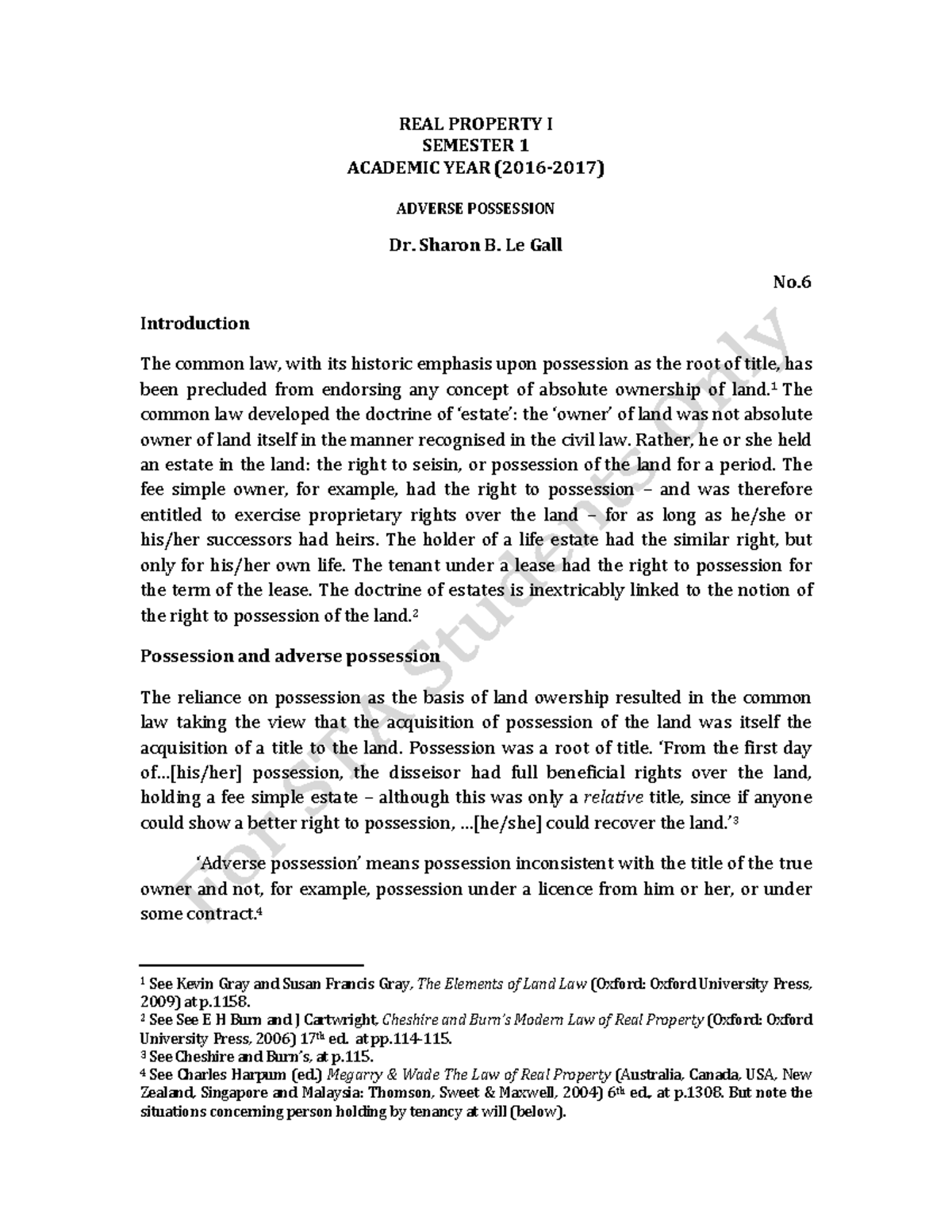 Adverse Possession notes REAL PROPERTY I SEMESTER 1 ACADEMIC YEAR