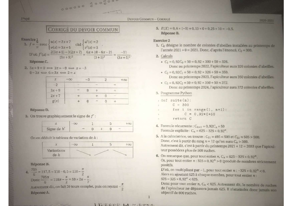 Devoir commun - corrigé - Mathématiques - Studocu