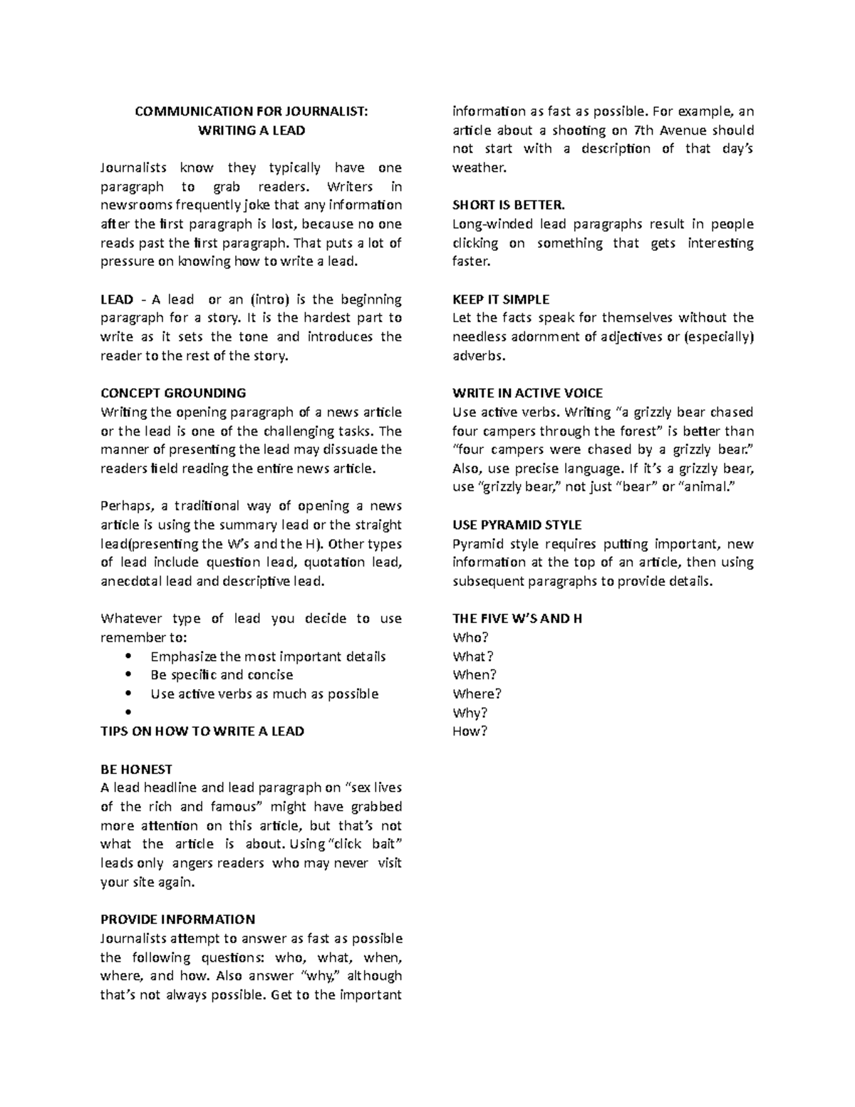 Communication FOR Journalist COMMUNICATION FOR JOURNALIST WRITING A