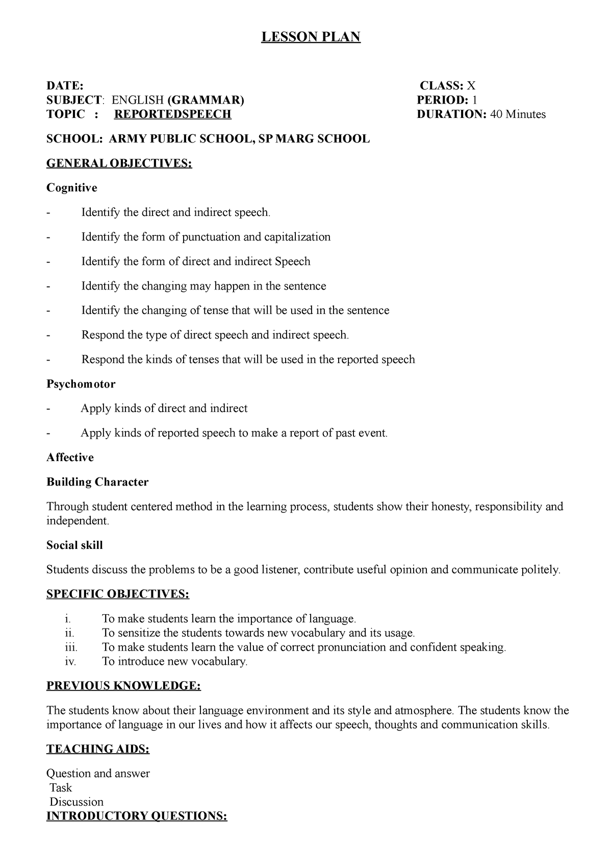 Lesson Plan X Practice Paper LESSON PLAN DATE CLASS X SUBJECT 