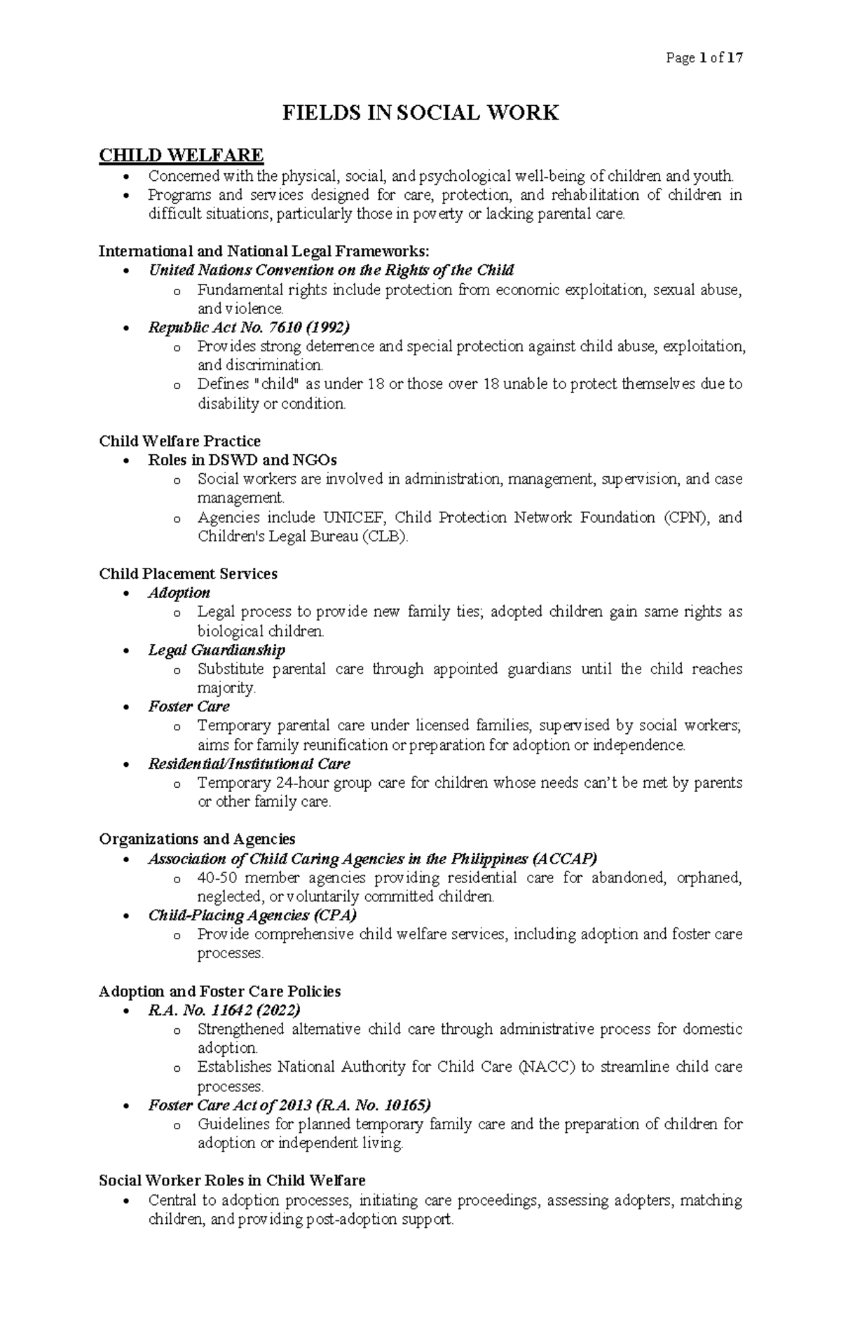 Review Notes - Fields IN Social WORK - FIELDS IN SOCIAL WORK CHILD ...