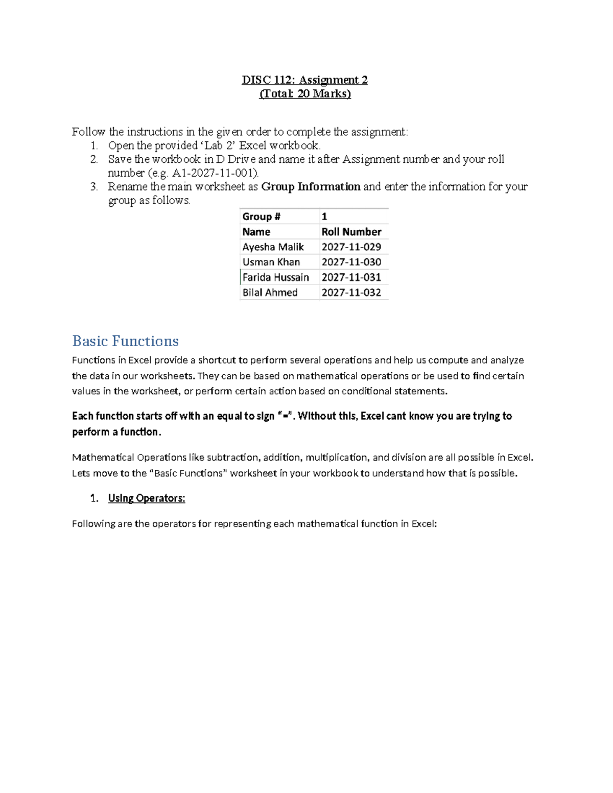 Lab2 S6 - Excel lab - DISC 112: Assignment 2 (Total: 20 Marks) Follow ...