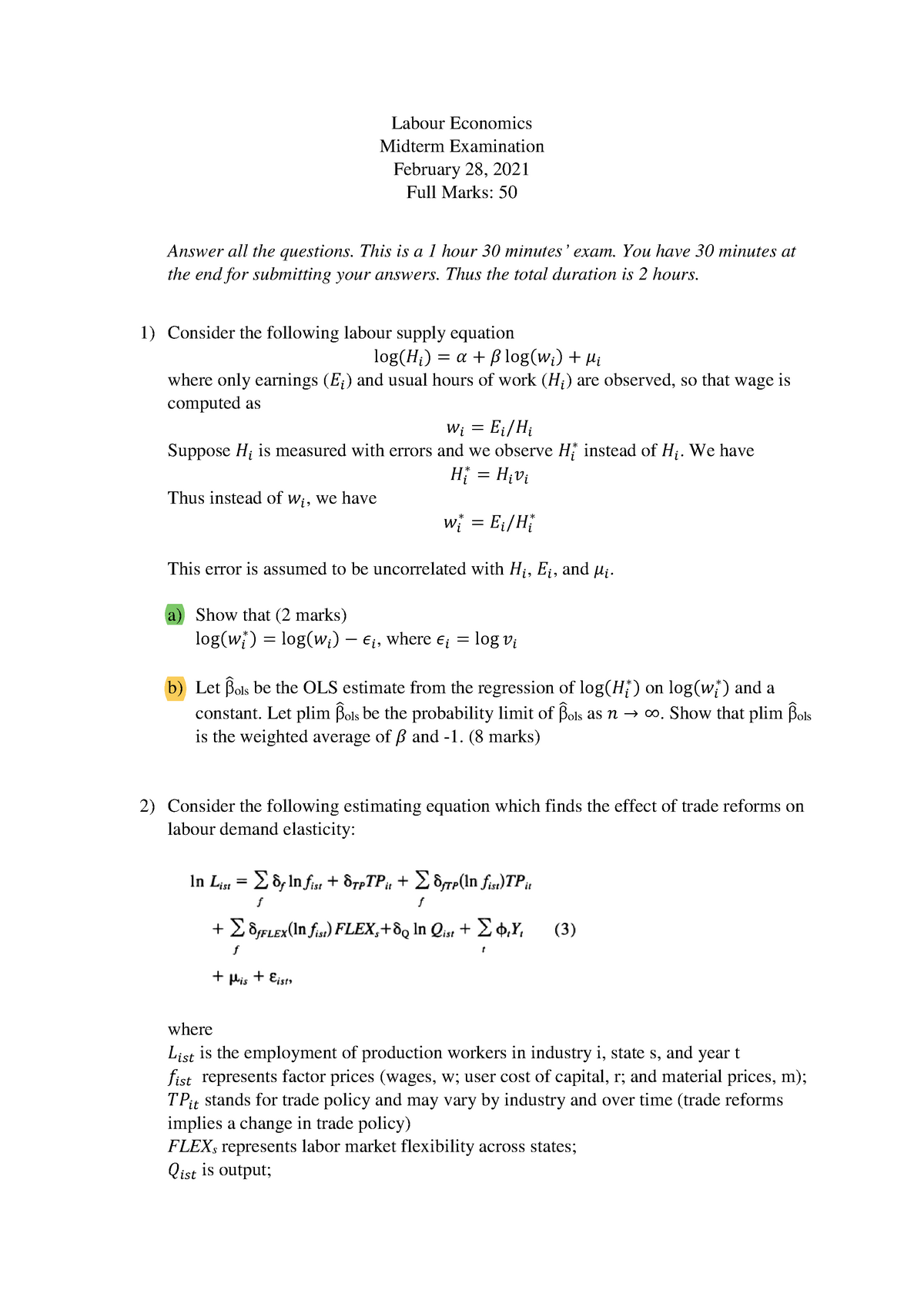 Midterm 2021 - Practice Questins - Labour Economics Midterm Examination 