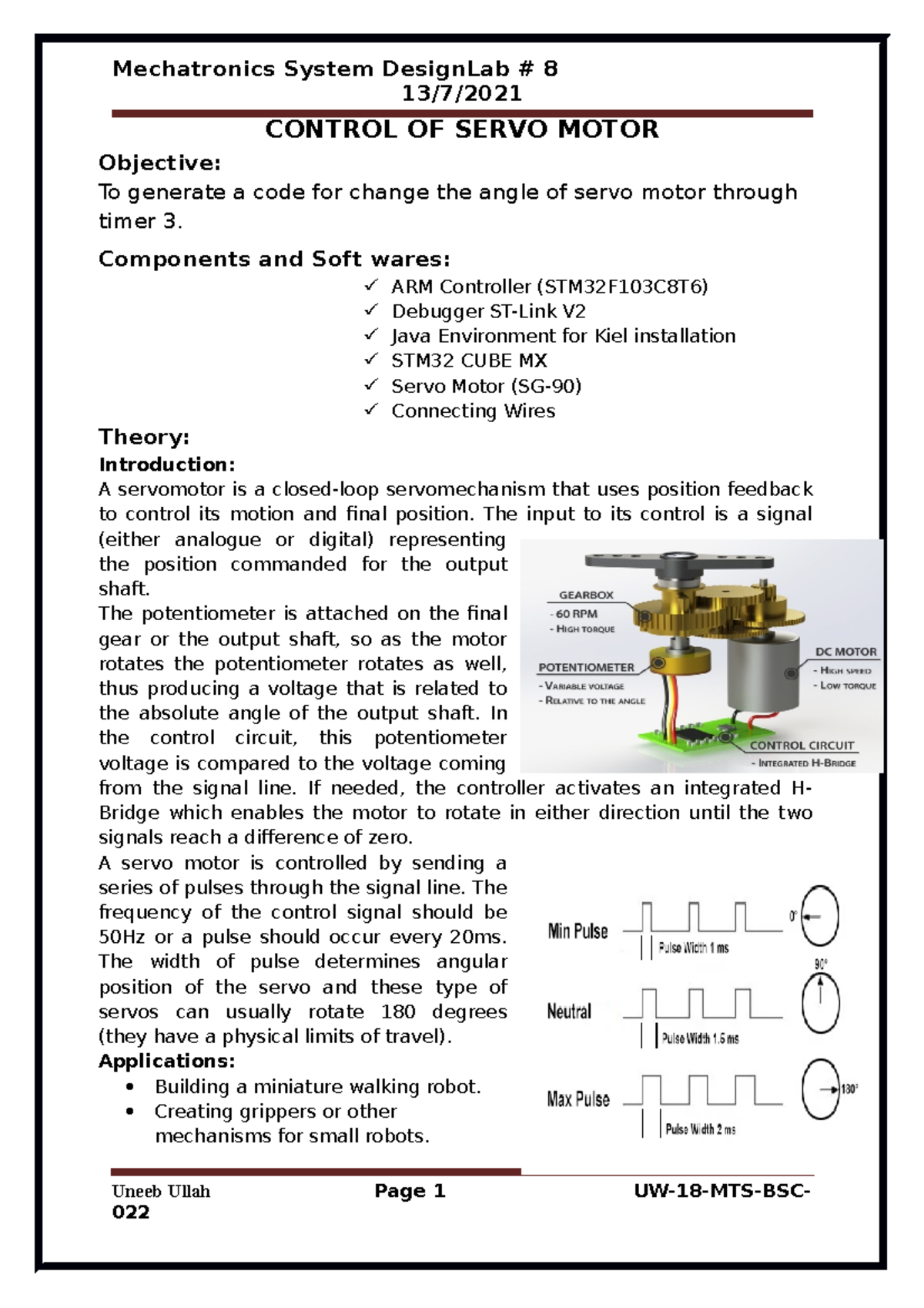 LAB Manual 8 - lab assignment - 13/7/ CONTROL OF SERVO MOTOR Objective ...