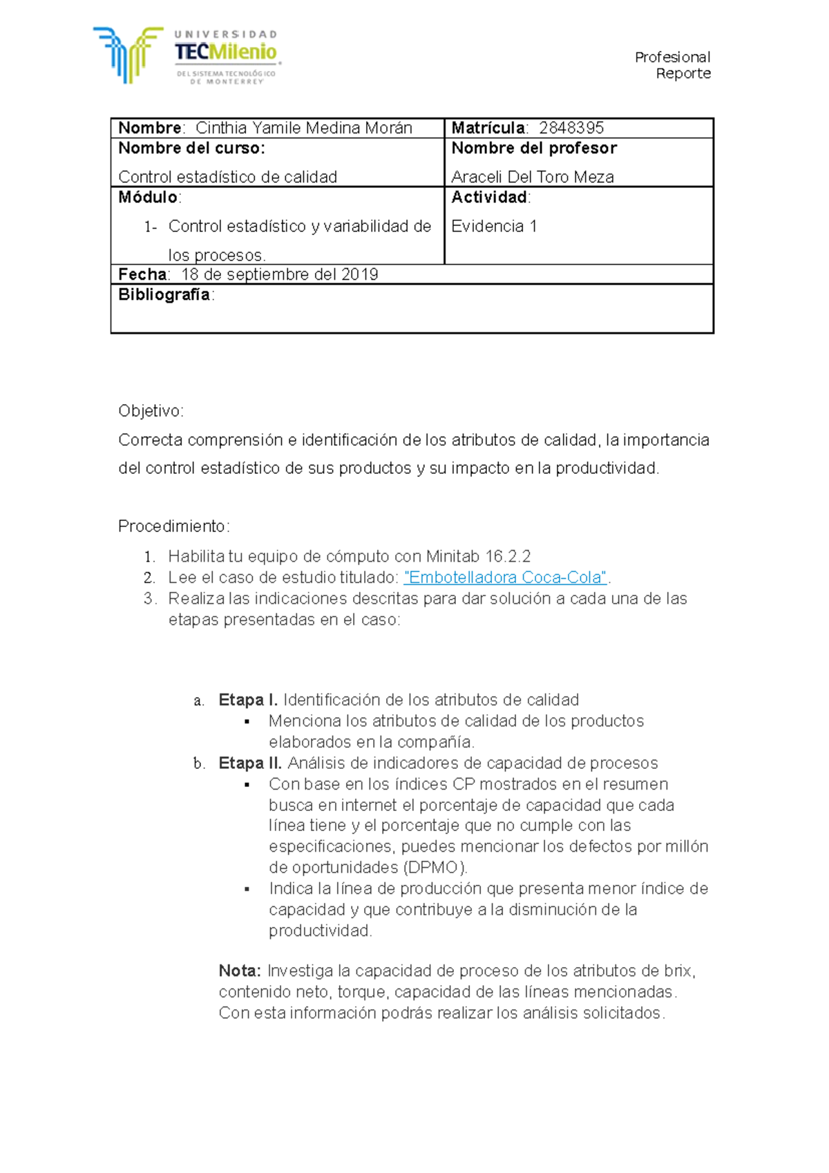 Evidencia 1 () - Ev1 Control Estadístico De Calidad. Ing Industrial Y ...