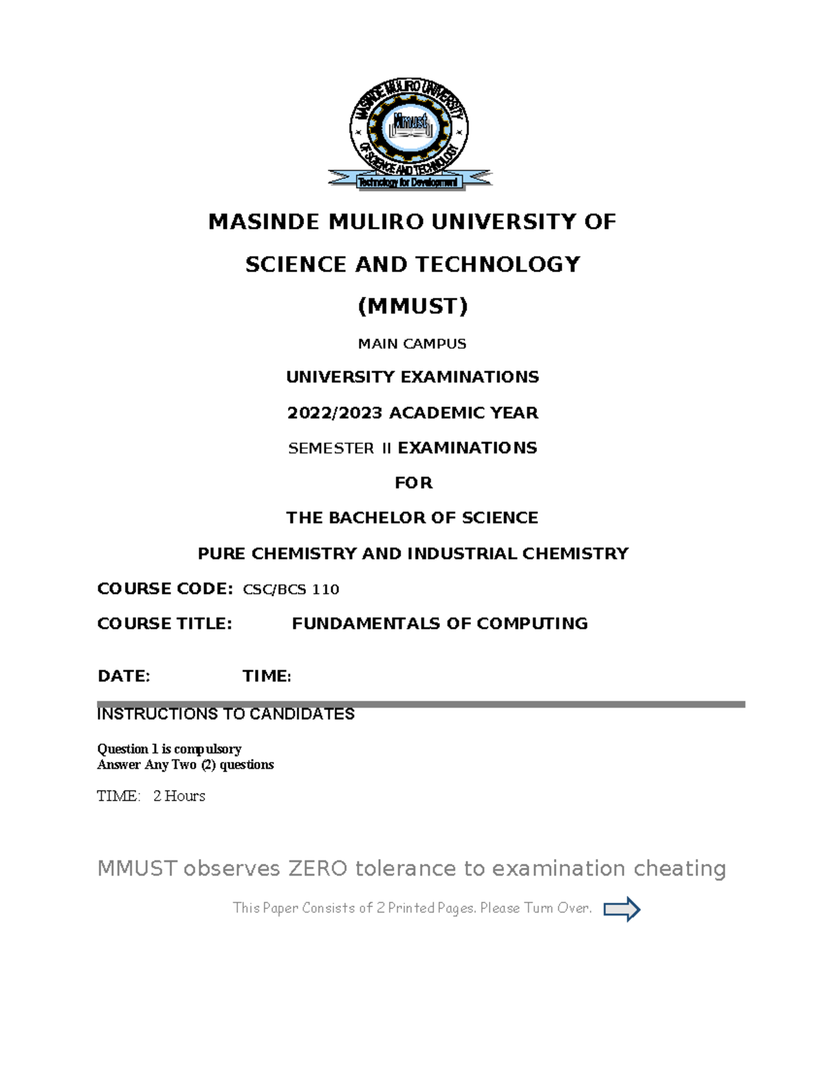 BSC 110 - MASINDE MULIRO UNIVERSITY OF SCIENCE AND TECHNOLOGY (MMUST ...